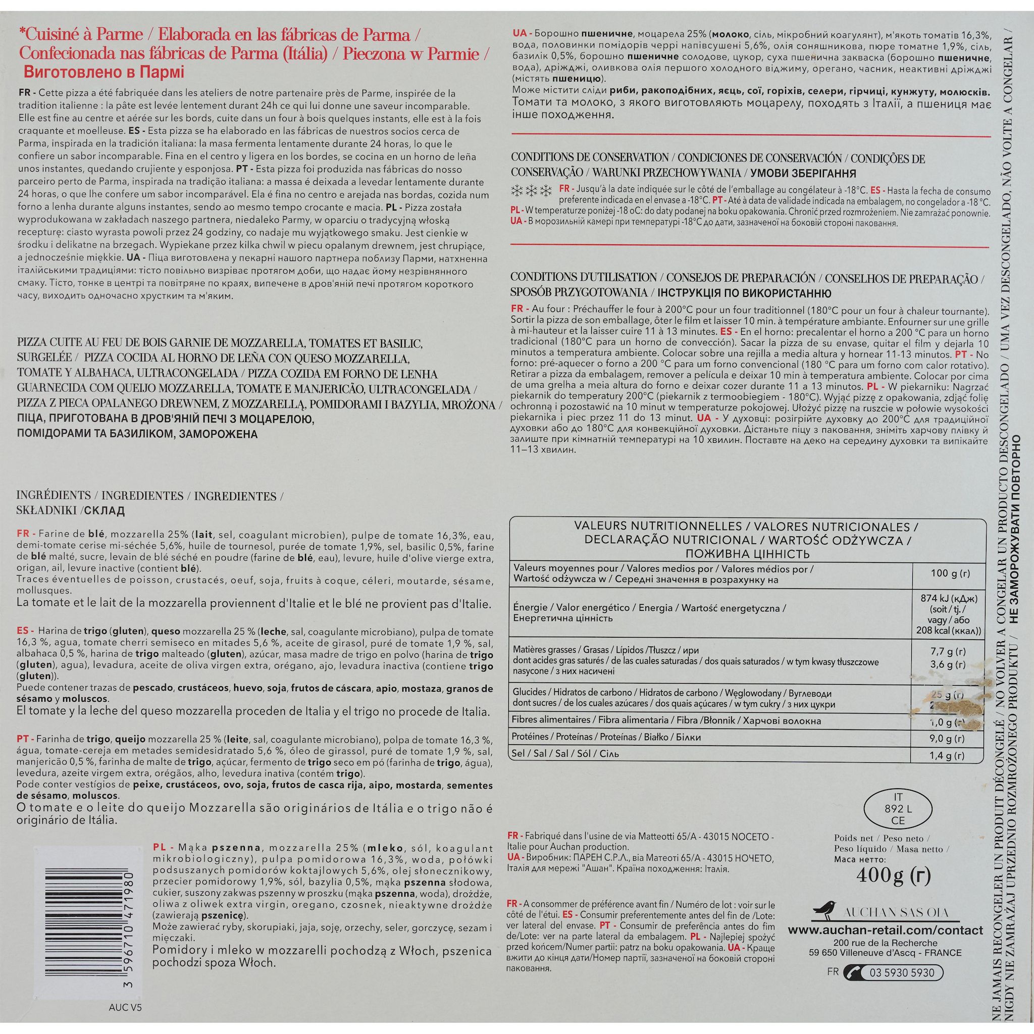 Voir la diapositive 3 : AUCHAN TAVOLA IN ITALIA Pizza margherita cuite au feu de bois 400g