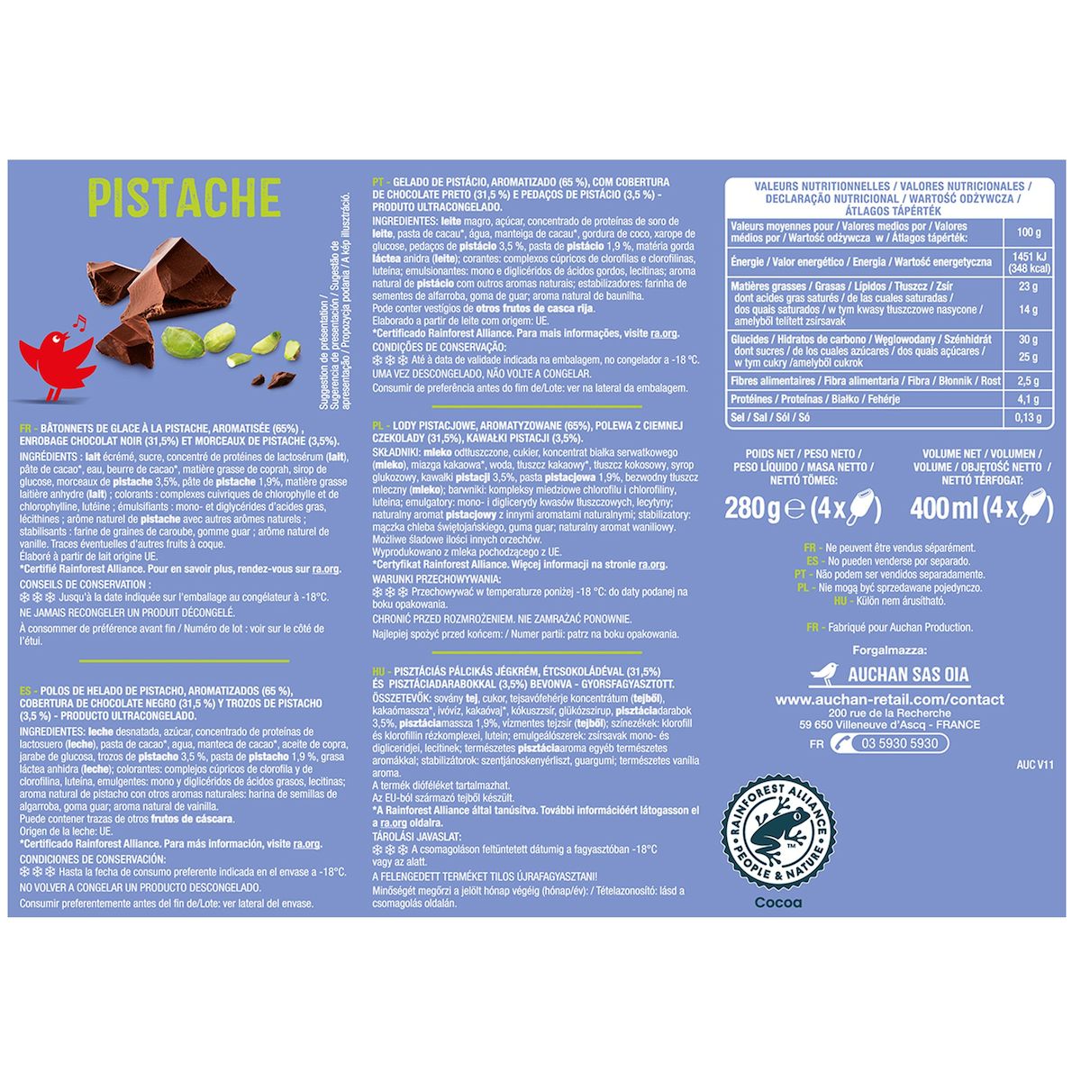 AUCHAN Bâtonnets glacés pistache 4 pièces 280g