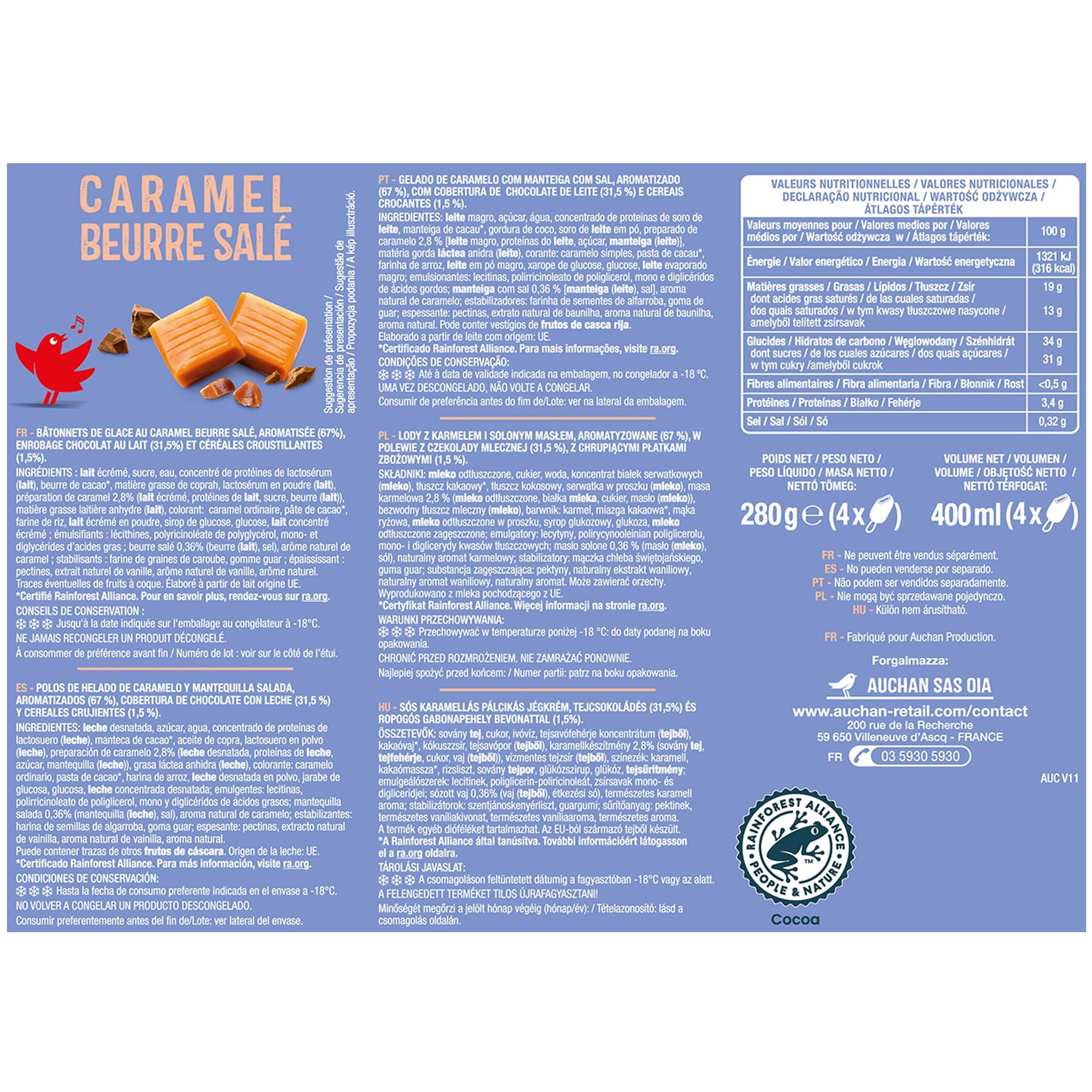 Voir la diapositive 2 : AUCHAN Bâtonnets glacés caramel beurre salé 4 pièces 280g