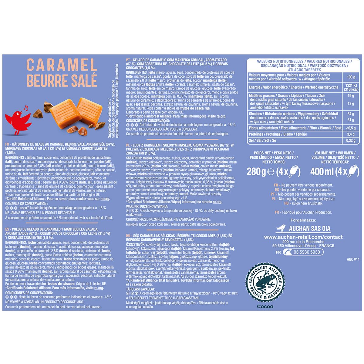 AUCHAN Bâtonnets glacés caramel beurre salé 4 pièces 280g