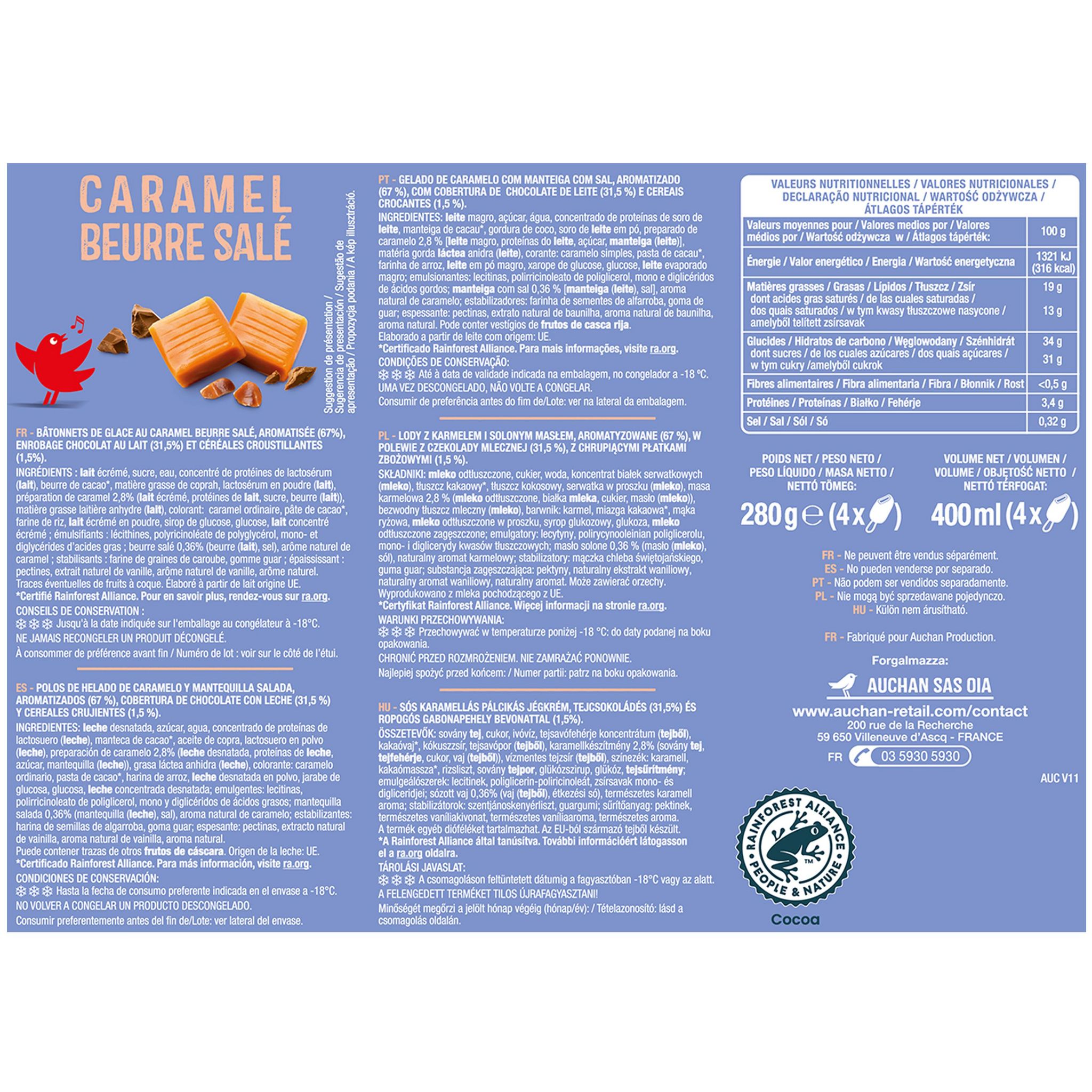 Voir la diapositive 3 : AUCHAN Bâtonnets glacés caramel beurre salé 4 pièces 280g