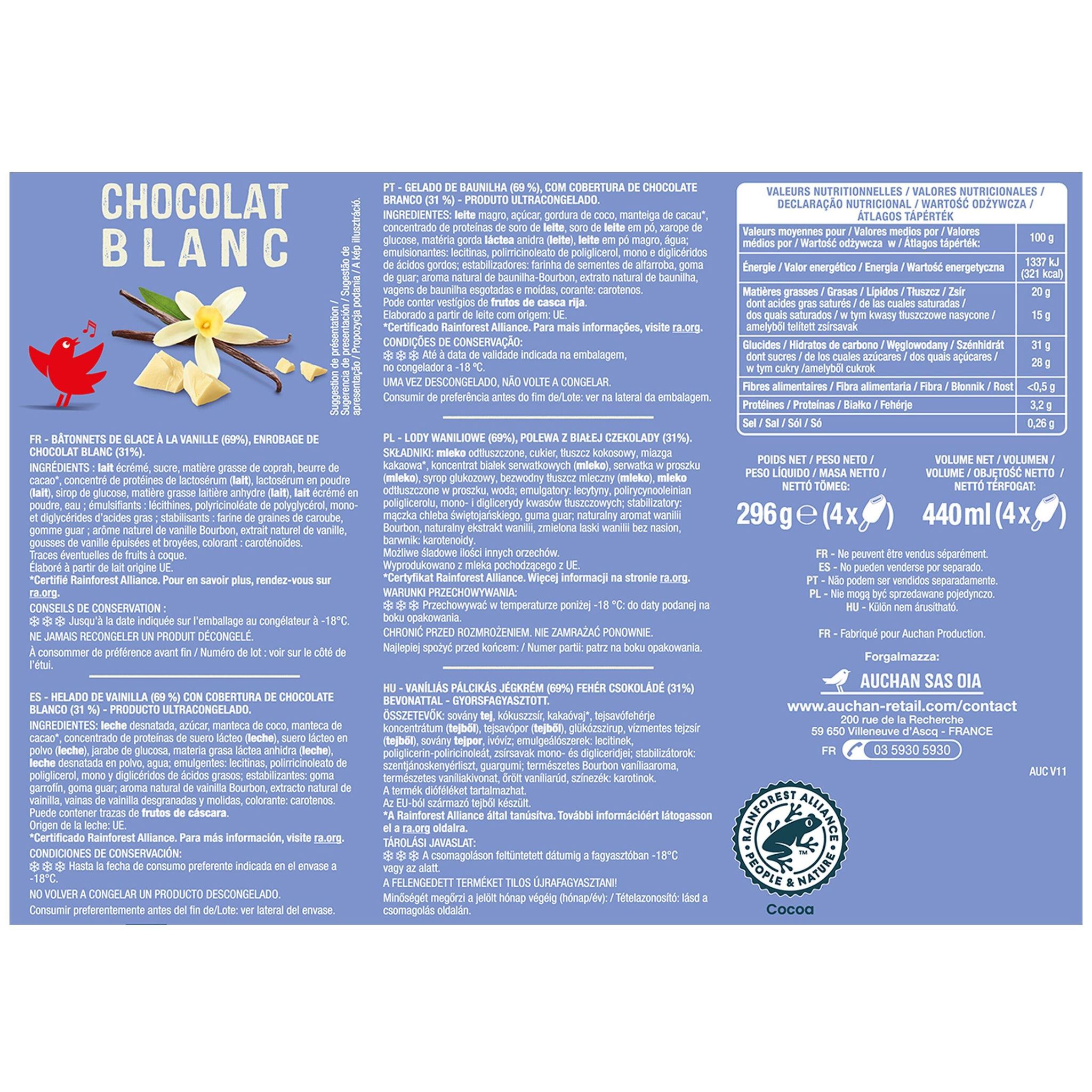 Voir la diapositive 2 : AUCHAN Bâtonnets glacés chocolat blanc 4 pièces 300g