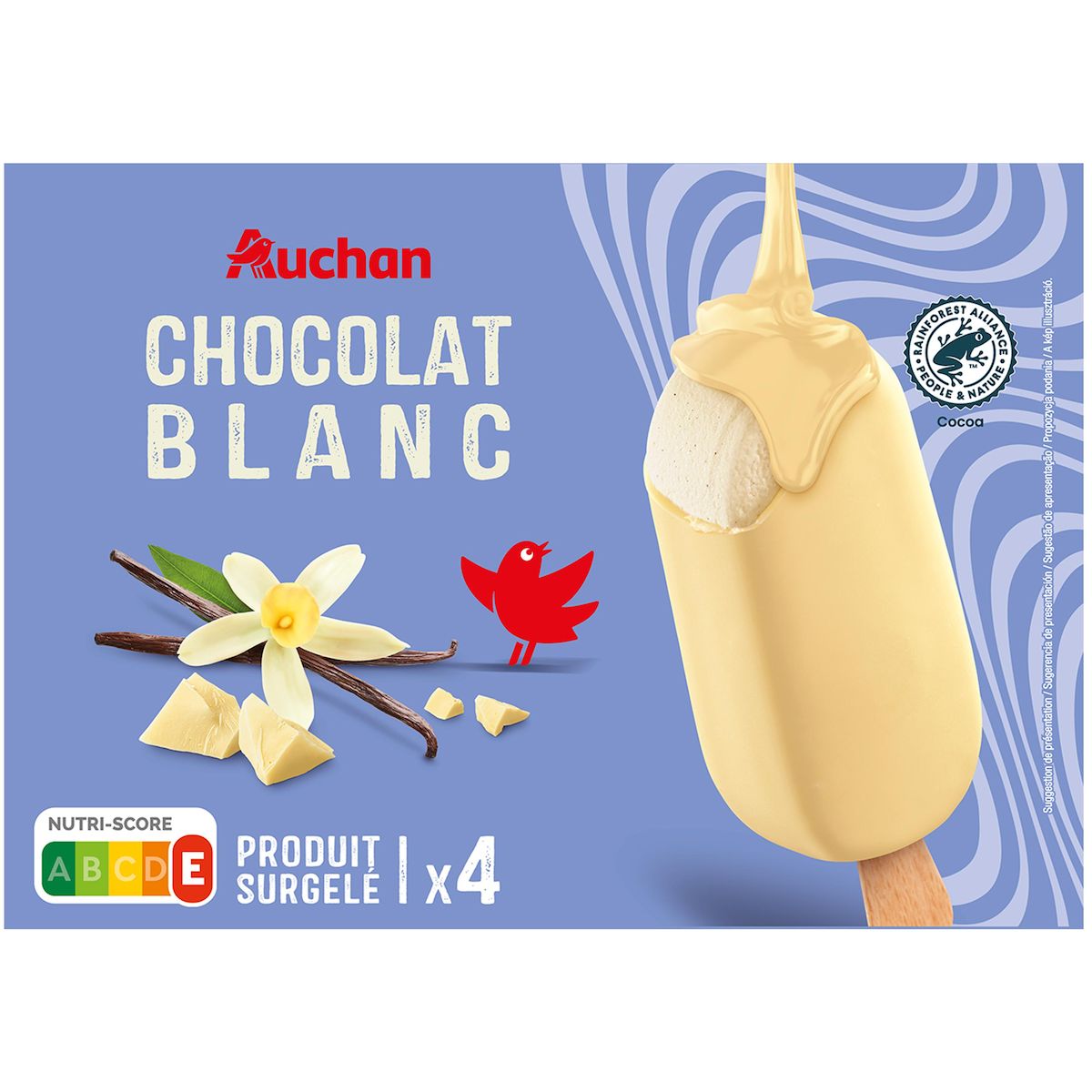 AUCHAN Bâtonnets glacés chocolat blanc 4 pièces 300g