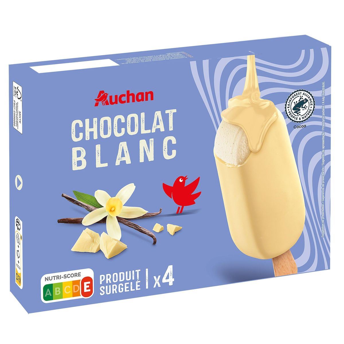 AUCHAN Bâtonnets glacés chocolat blanc 4 pièces 300g