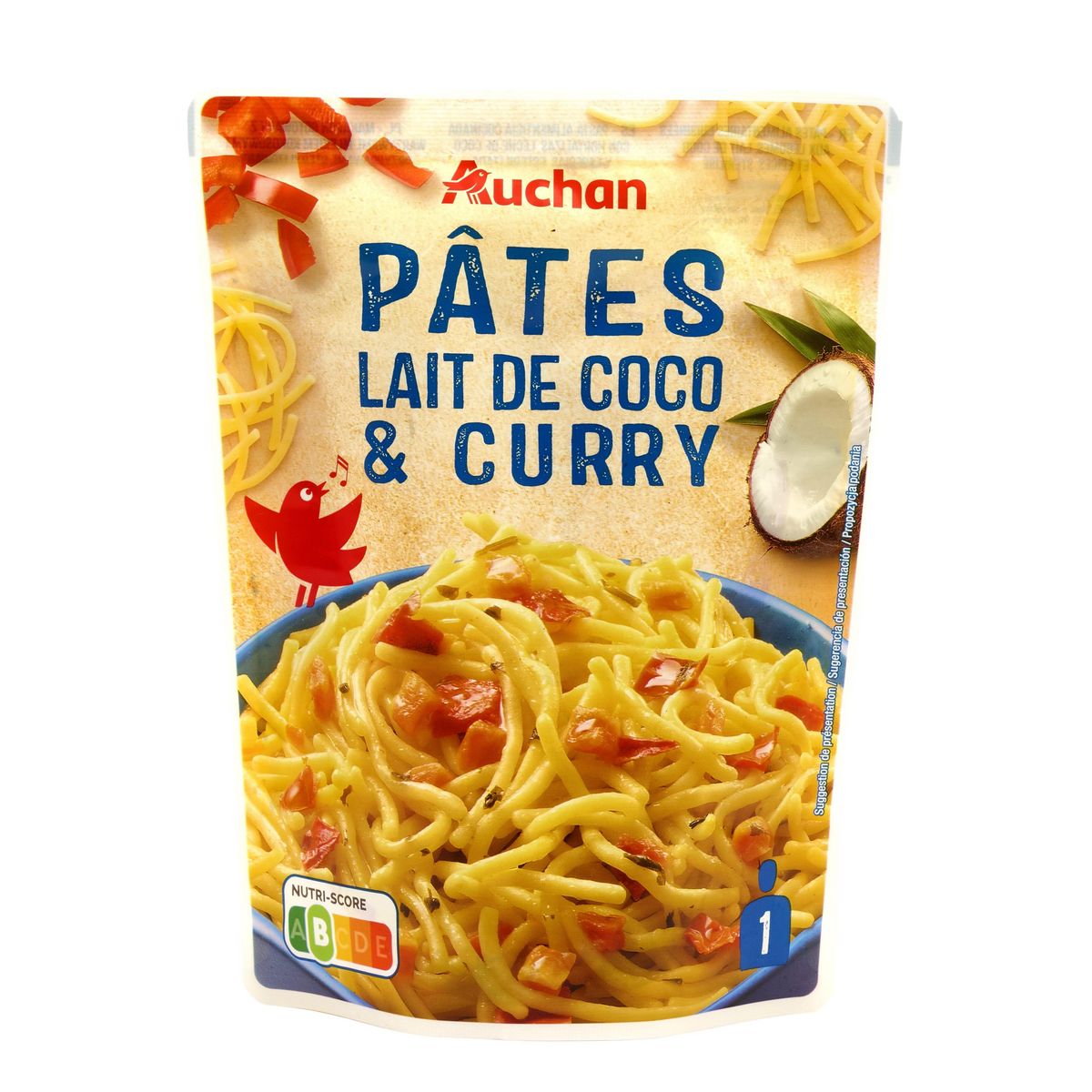 AUCHAN Pâtes au lait de coco et curry sachet 1 personne 220g