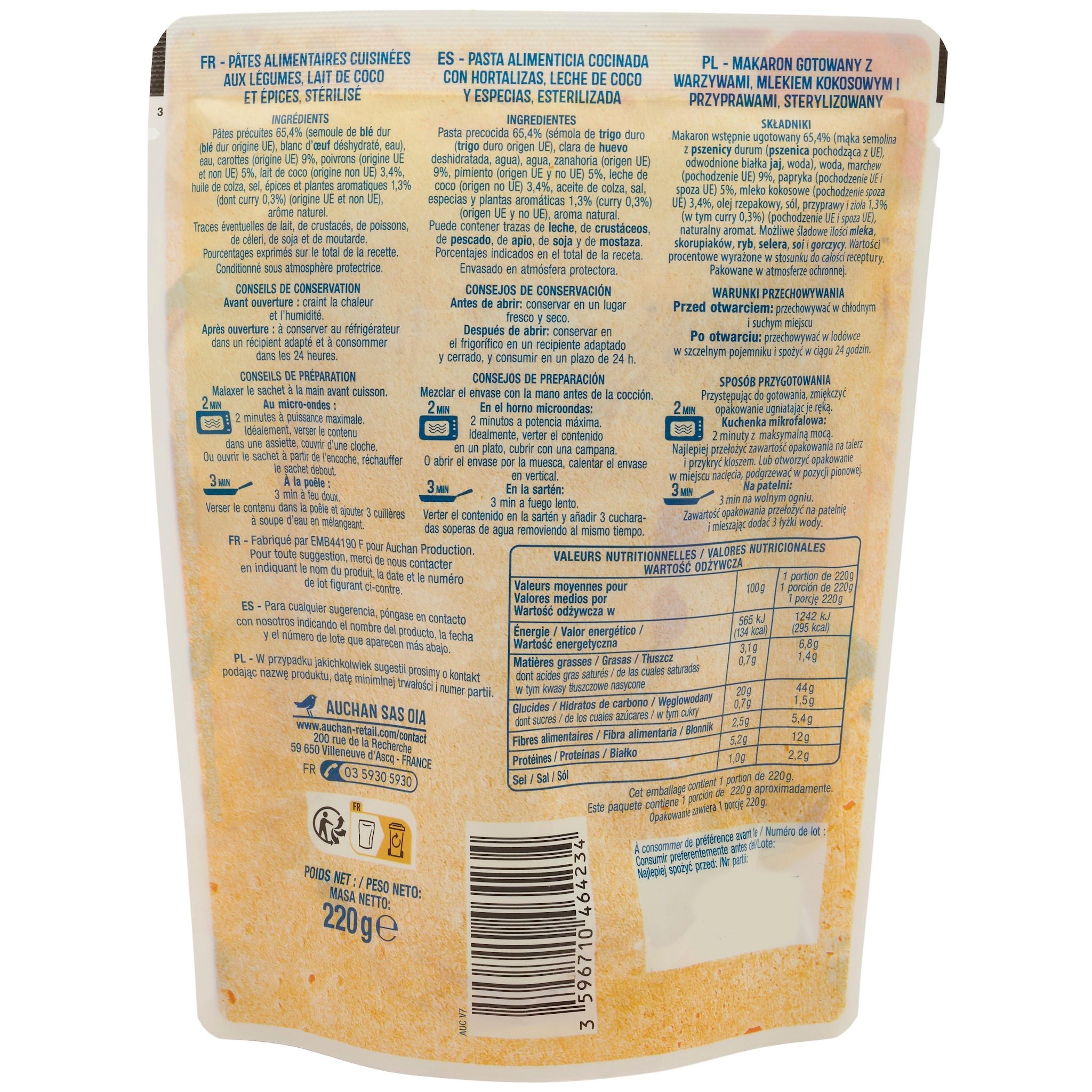 Voir la diapositive 3 : AUCHAN Pâtes au lait de coco et curry sachet 1 personne 220g