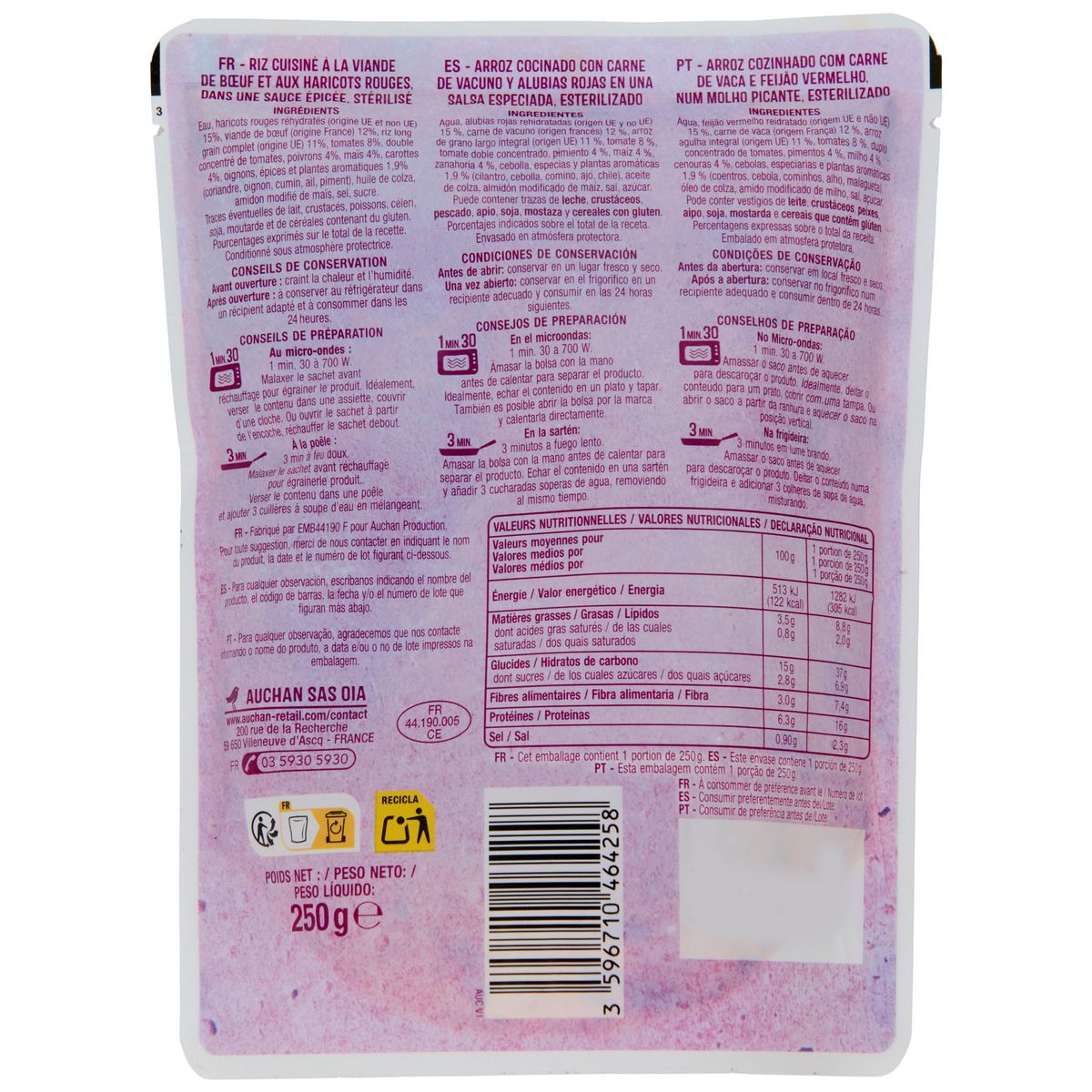 AUCHAN Riz façon chili sachet express 1 portion 250g