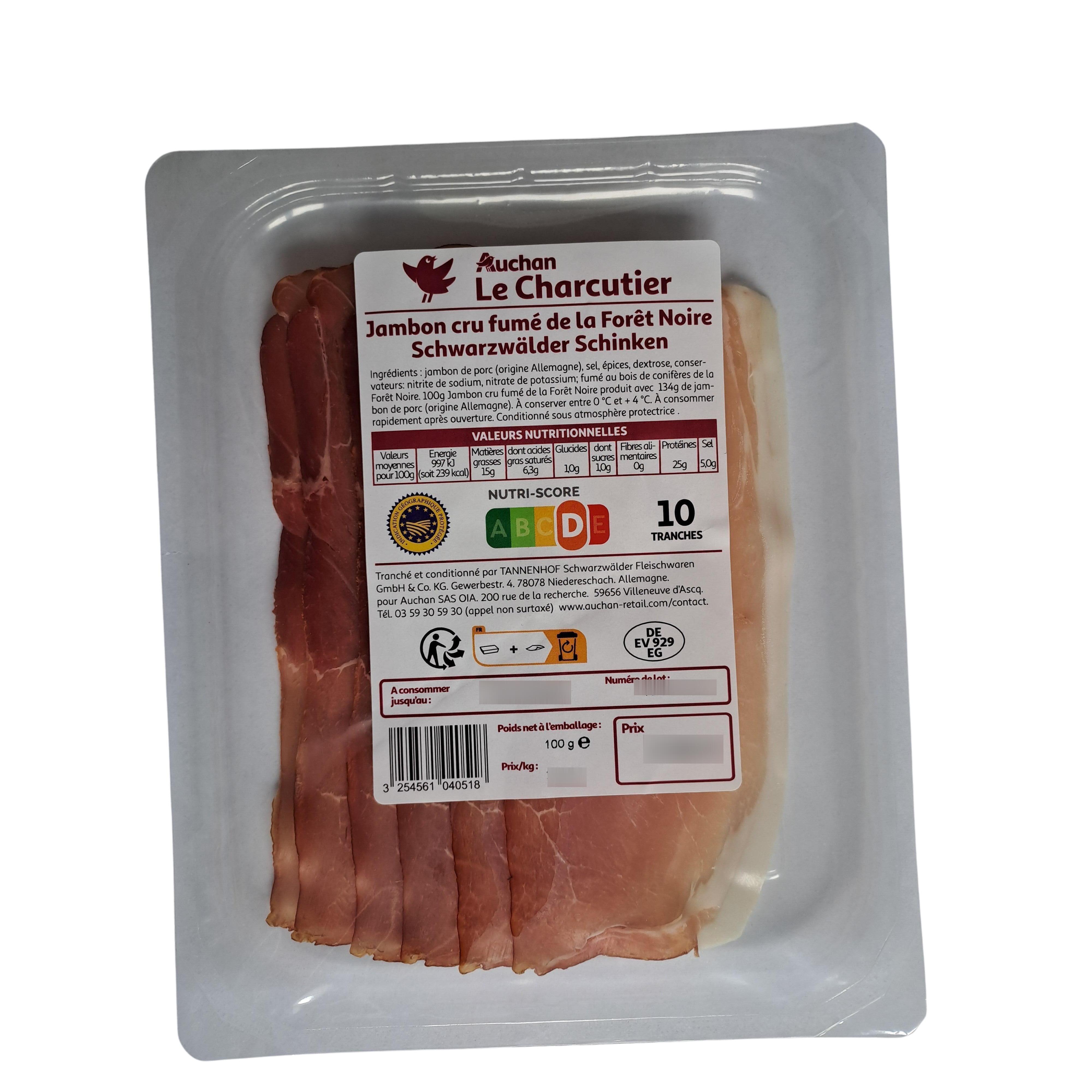 Voir la diapositive 2 : AUCHAN LE CHARCUTIER Le Charcutier Jambon Cru de la forêt noire 100g