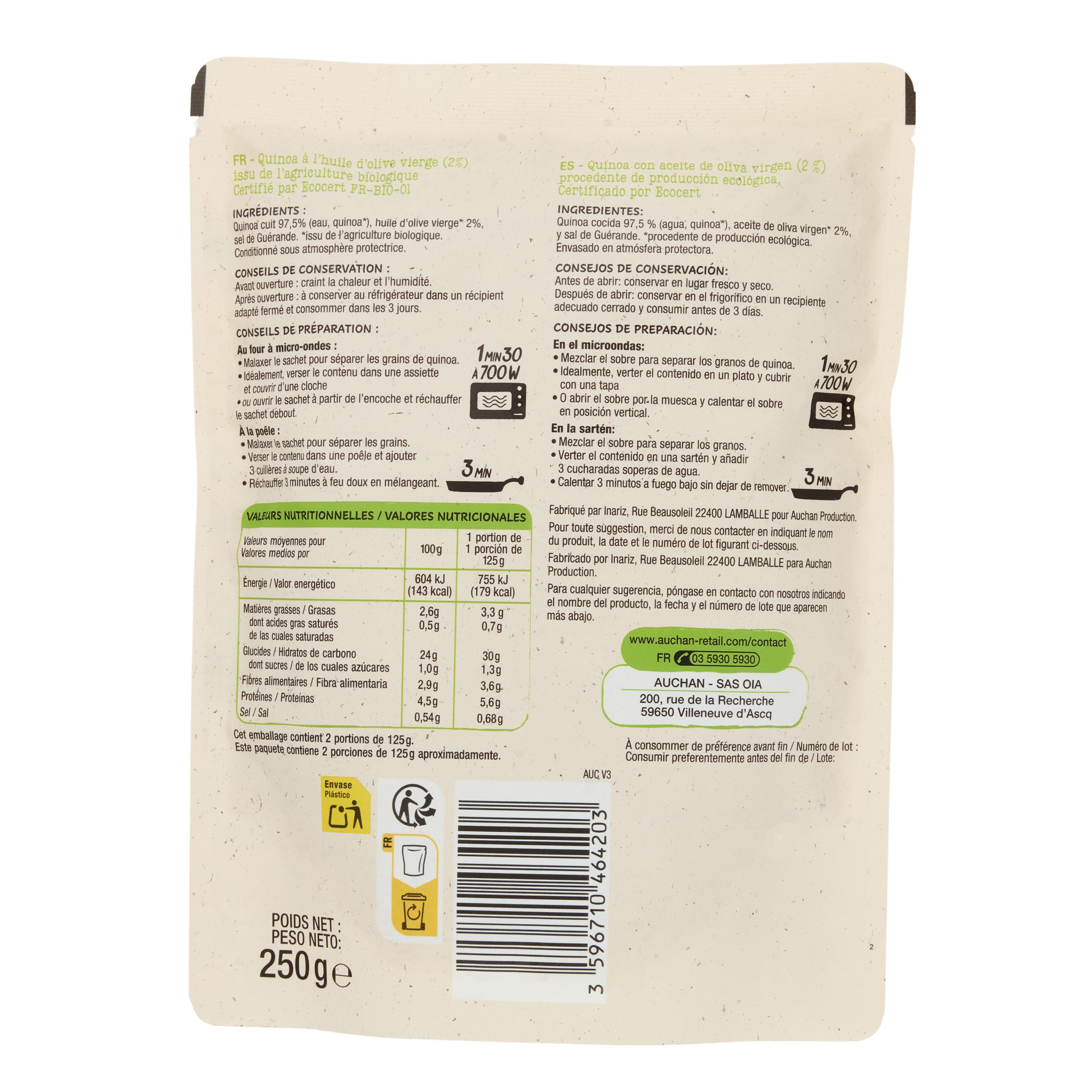 Voir la diapositive 2 : AUCHAN BIO Quinoa huile d'olive sachet express 2 personnes 250g