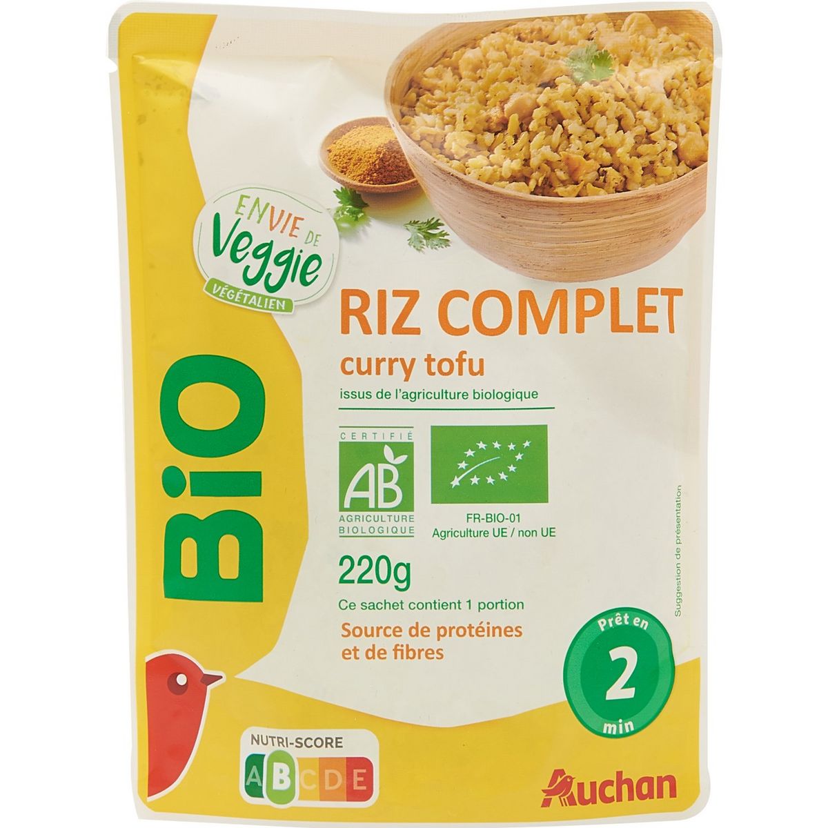 AUCHAN BIO Riz complet  au curry et tofu 1 portion 220g