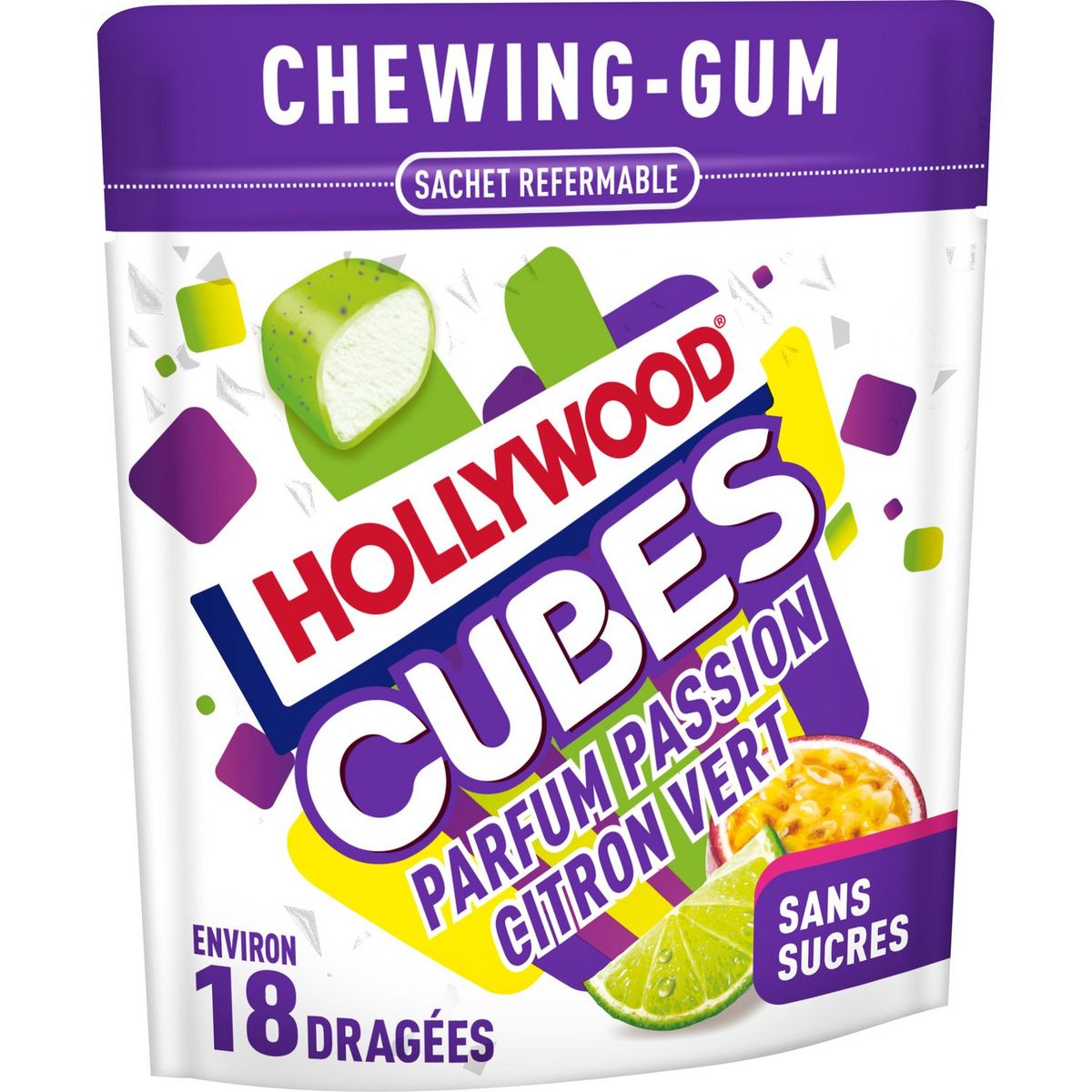 HOLLYWOOD Chewing-gums cubes sans sucres passion citron vert 18 dragées 41g
