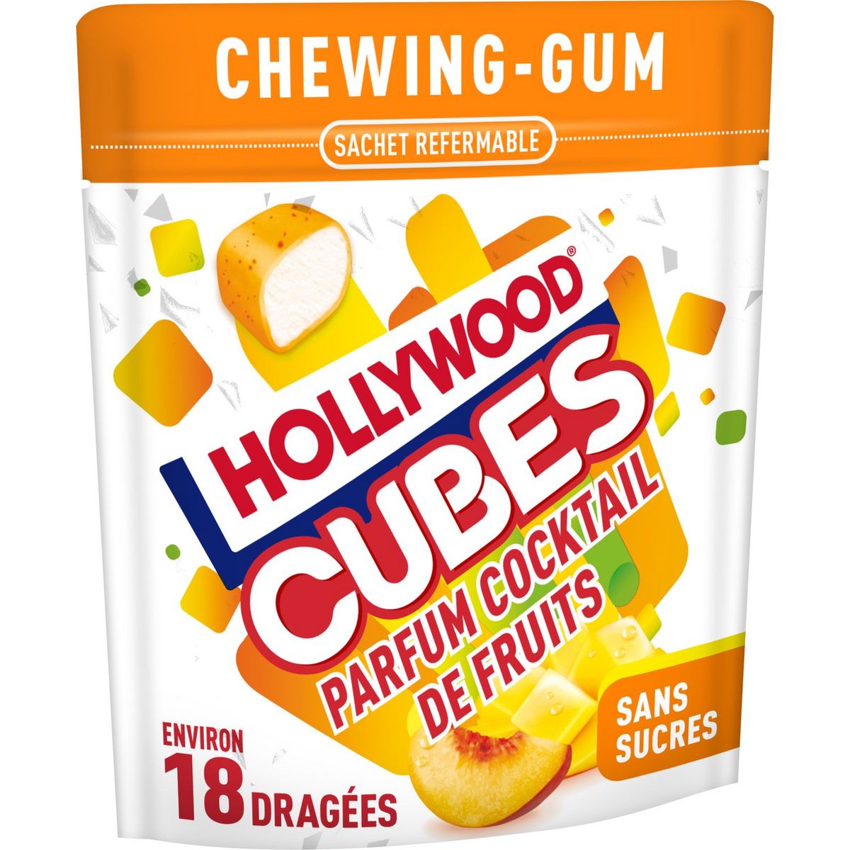 HOLLYWOOD Chewing-gums cubes sans sucres cocktail de fruits 18 dragées 41g
