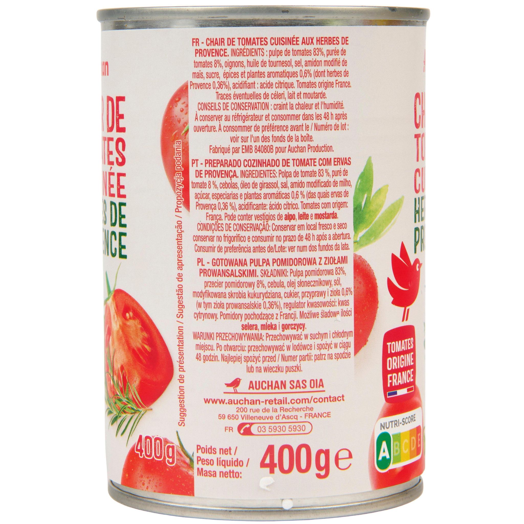 Voir la diapositive 4 : AUCHAN Chair de tomates cuisinée aux herbes de Provence 400g