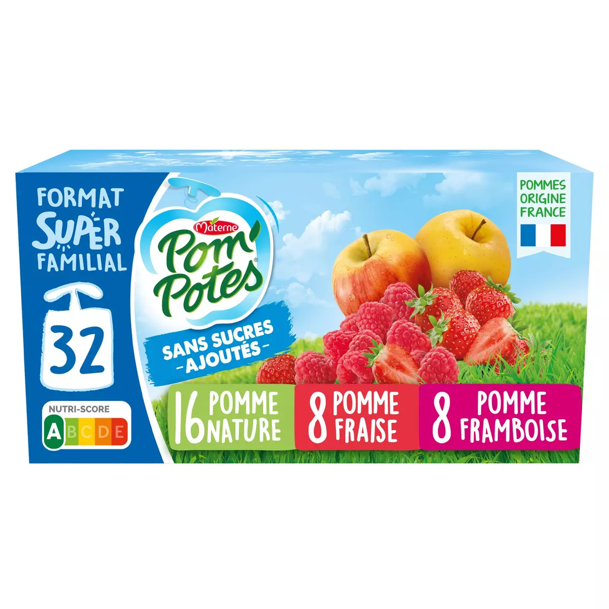 POM'POTES Gourdes compote pomme fraise framboise sans sucres ajoutés 32x90g