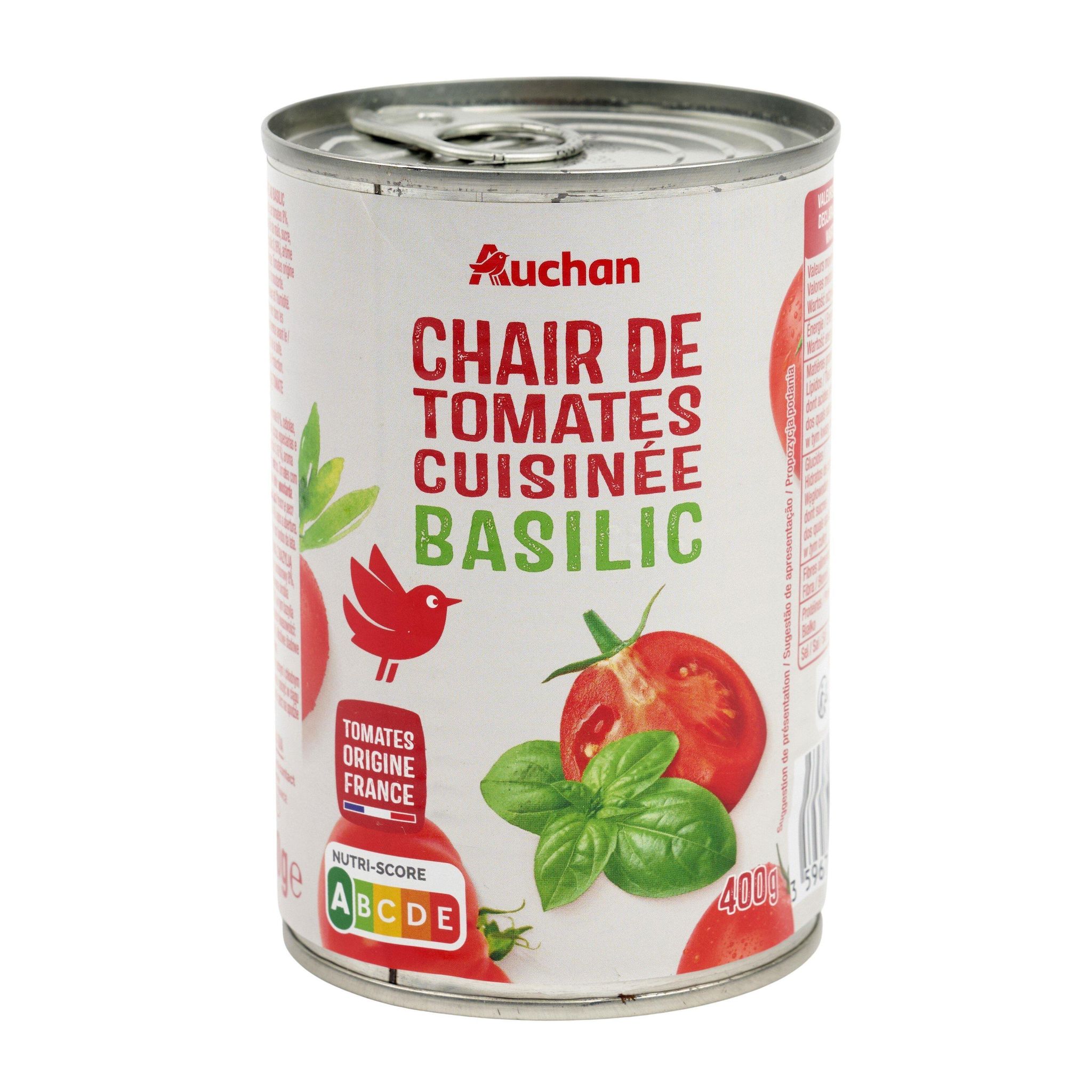 Voir la diapositive 2 : AUCHAN Chair de tomates cuisinée au basilic 400g