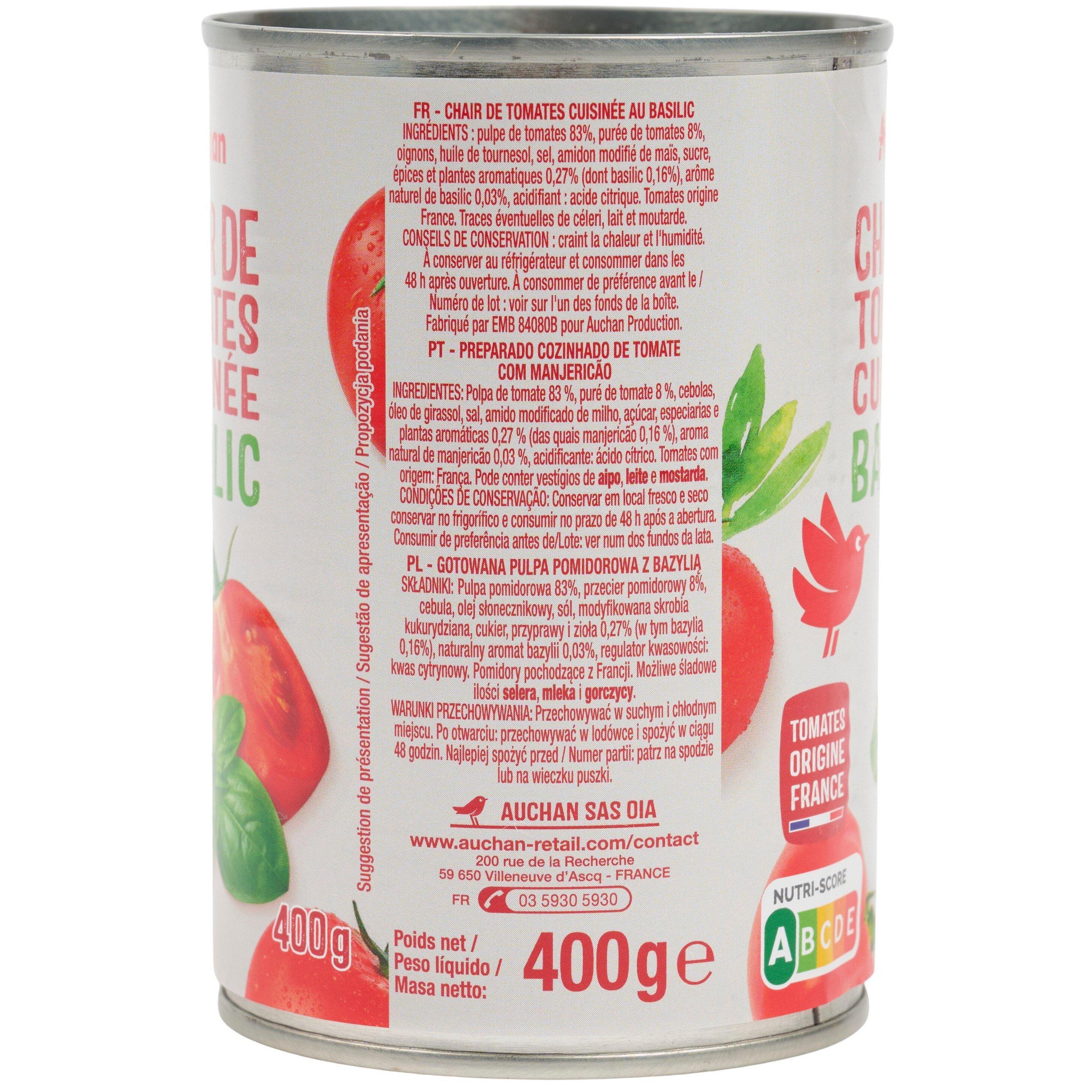 Voir la diapositive 3 : AUCHAN Chair de tomates cuisinée au basilic 400g