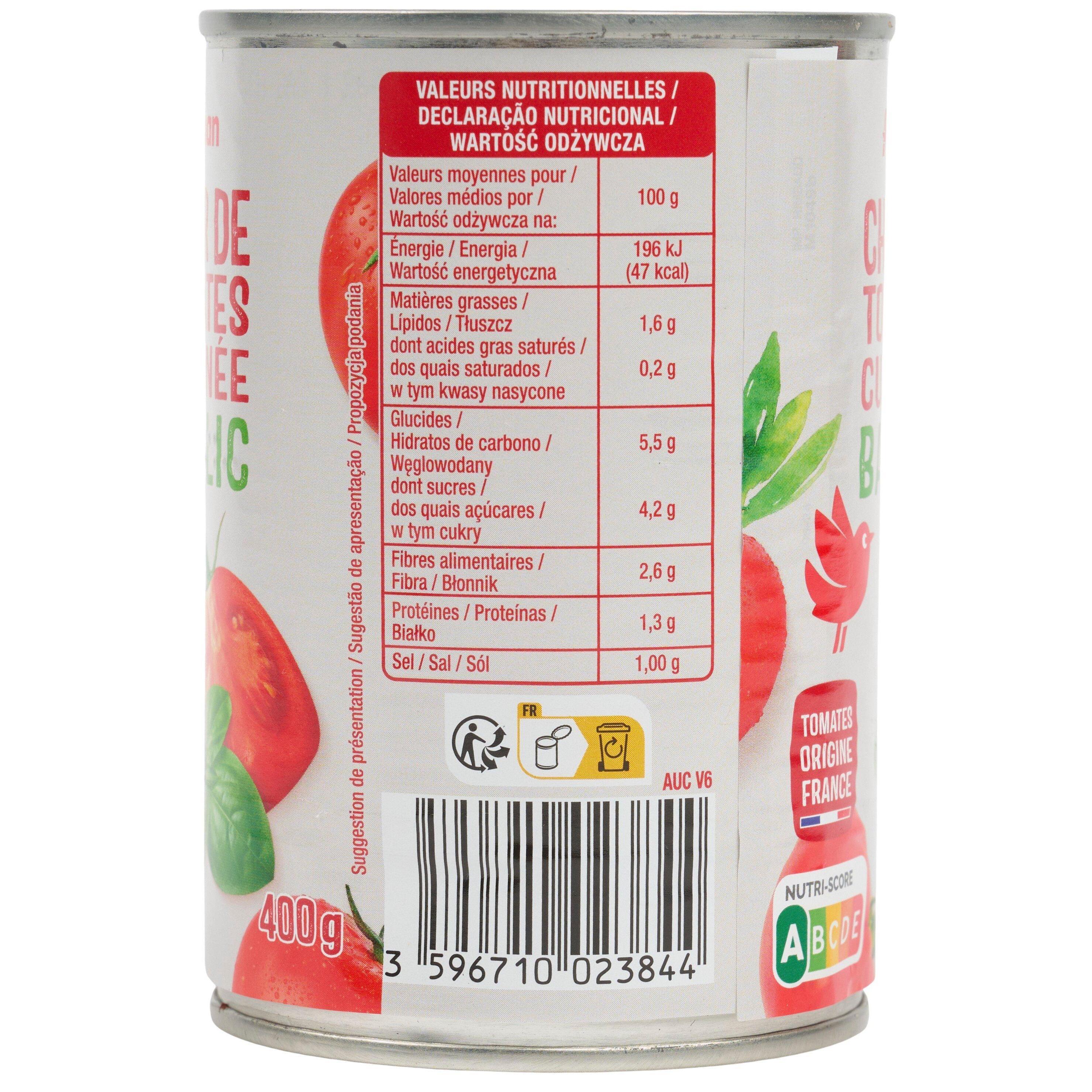 Voir la diapositive 4 : AUCHAN Chair de tomates cuisinée au basilic 400g