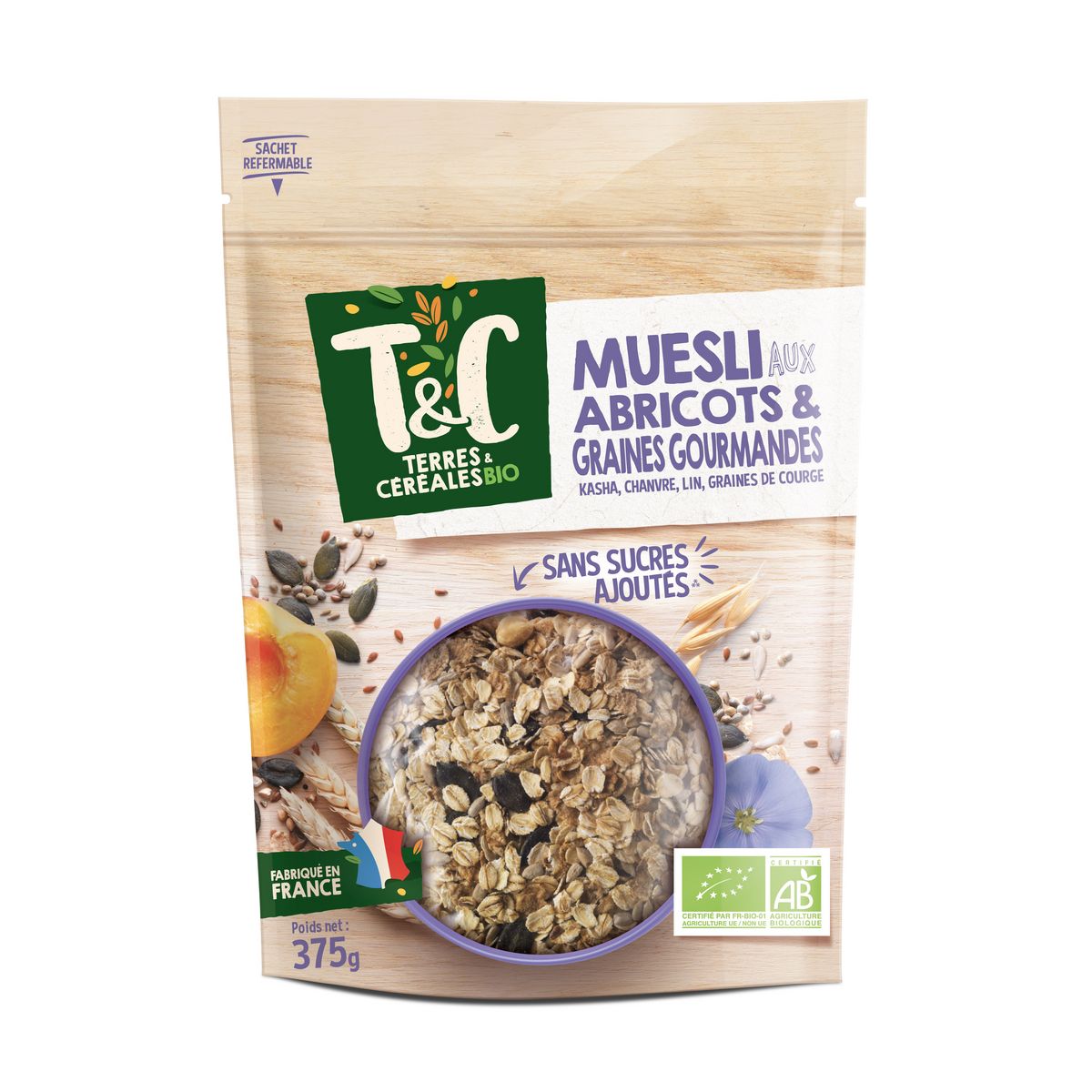 TERRES ET CEREALES BIO Muesli de céréales aux abricots et graines gourmandes 375g