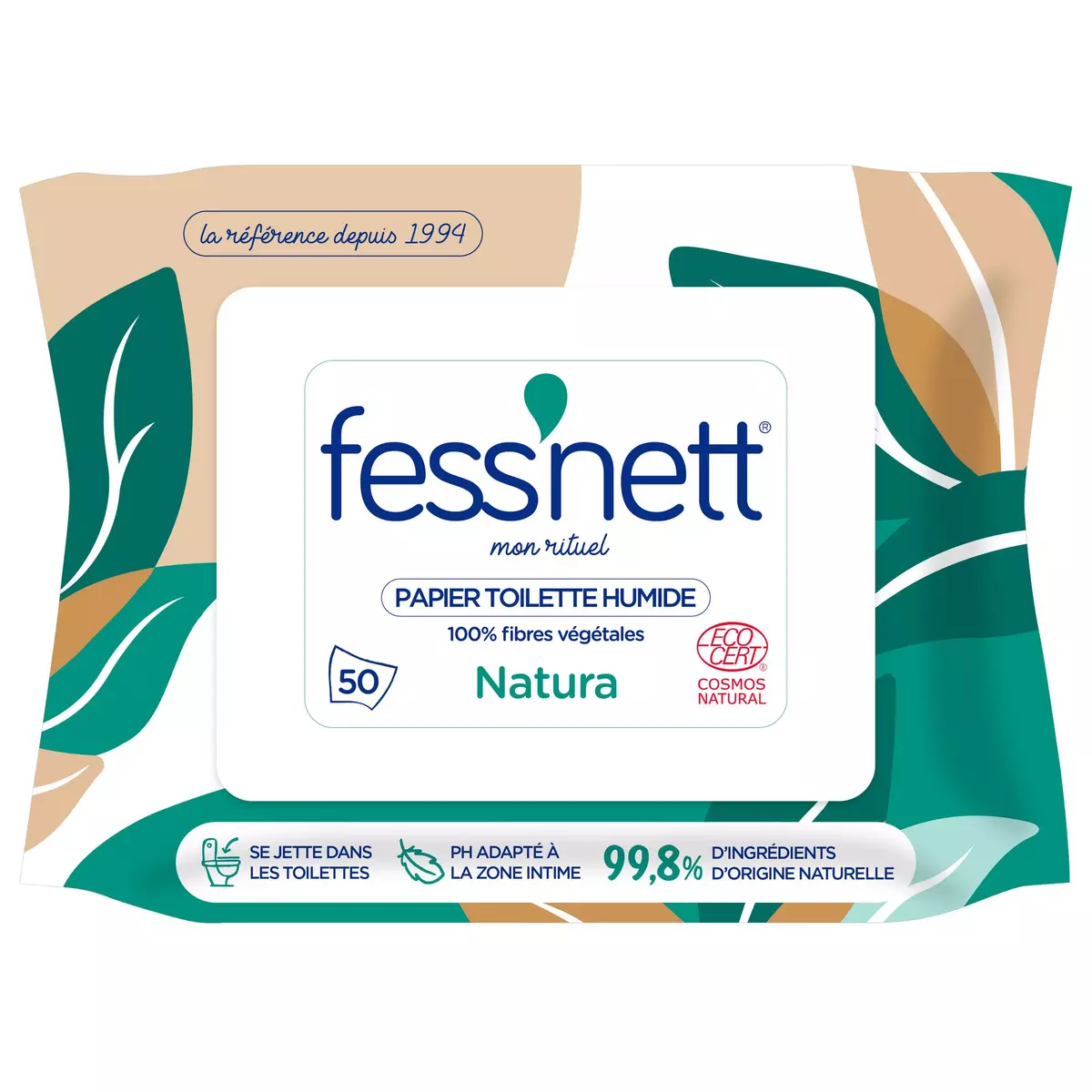 FESS'NETT Lingettes papier toilette humide blanc hypoallergénique 50 lingettes 