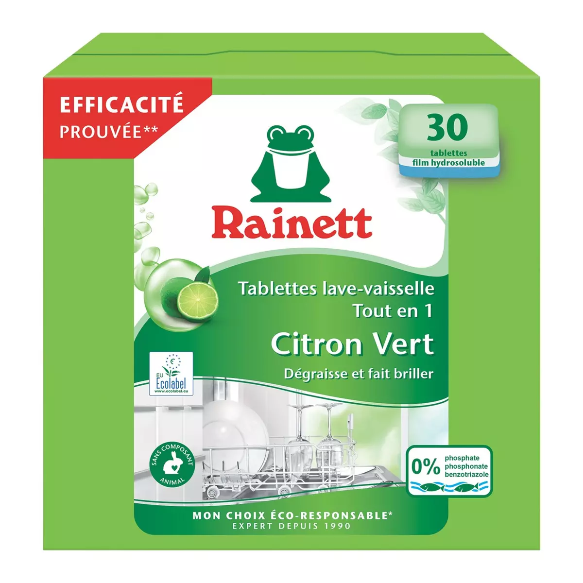 RAINETT Tablettes lave-vaisselle écologique au citron vert 30 tablettes