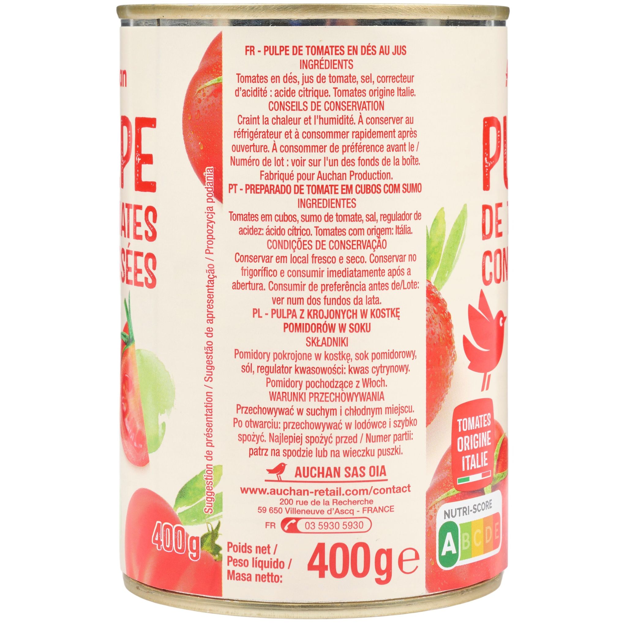 Voir la diapositive 2 : AUCHAN Pulpe de tomates concassées 400g