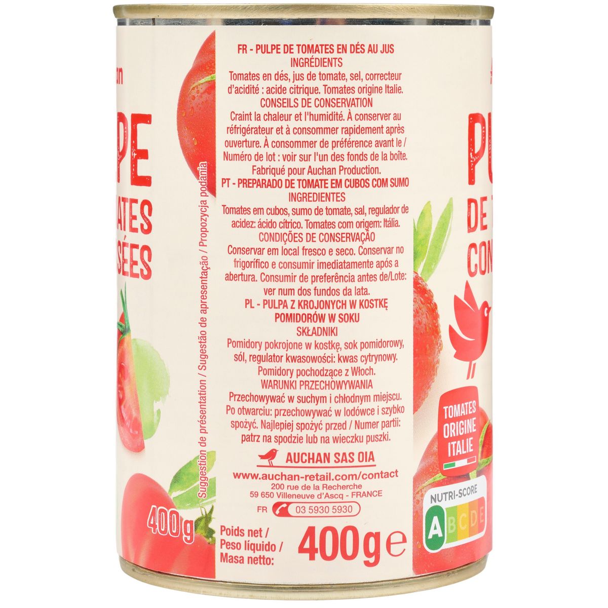 AUCHAN Pulpe de tomates concassées 400g