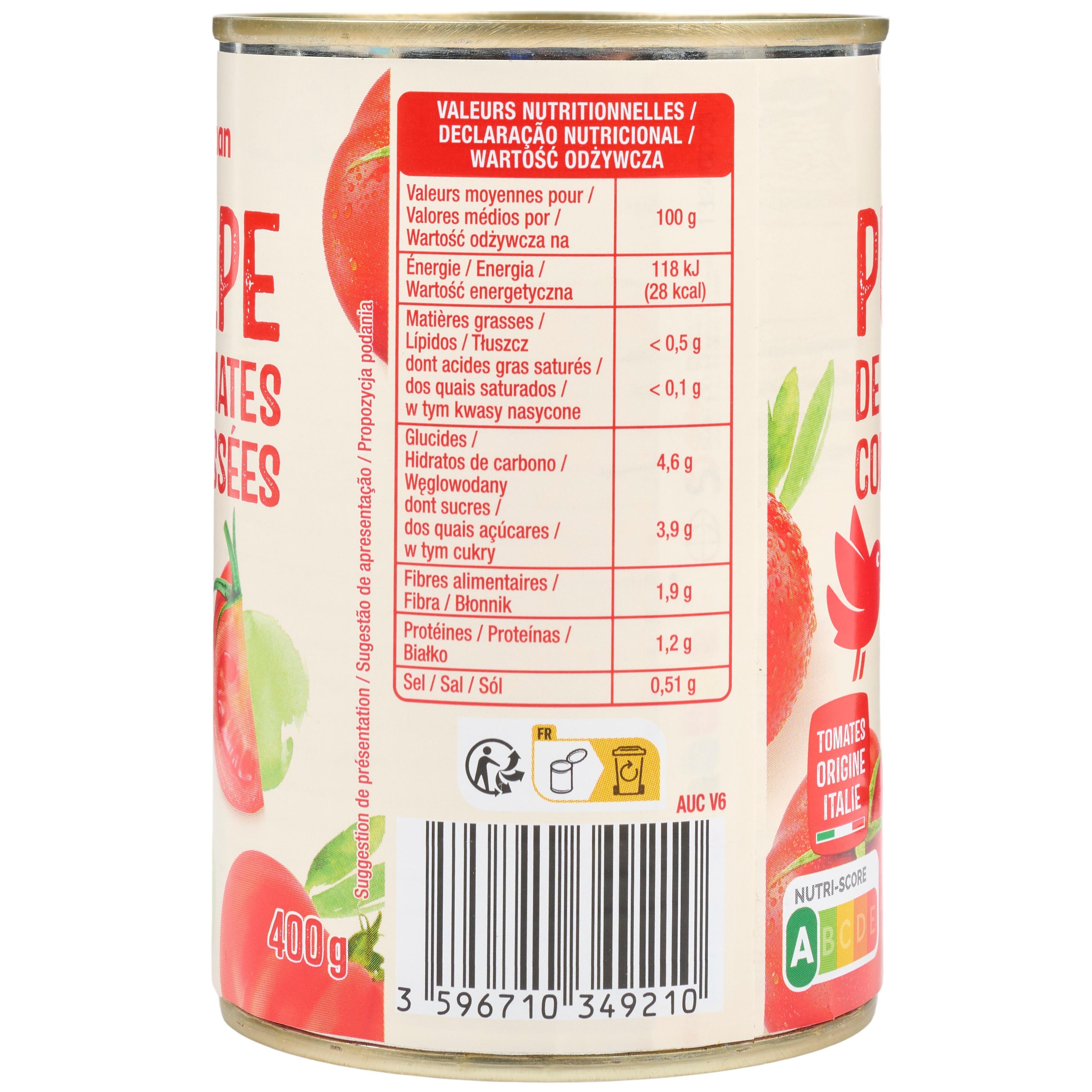 Voir la diapositive 4 : AUCHAN Pulpe de tomates concassées 400g