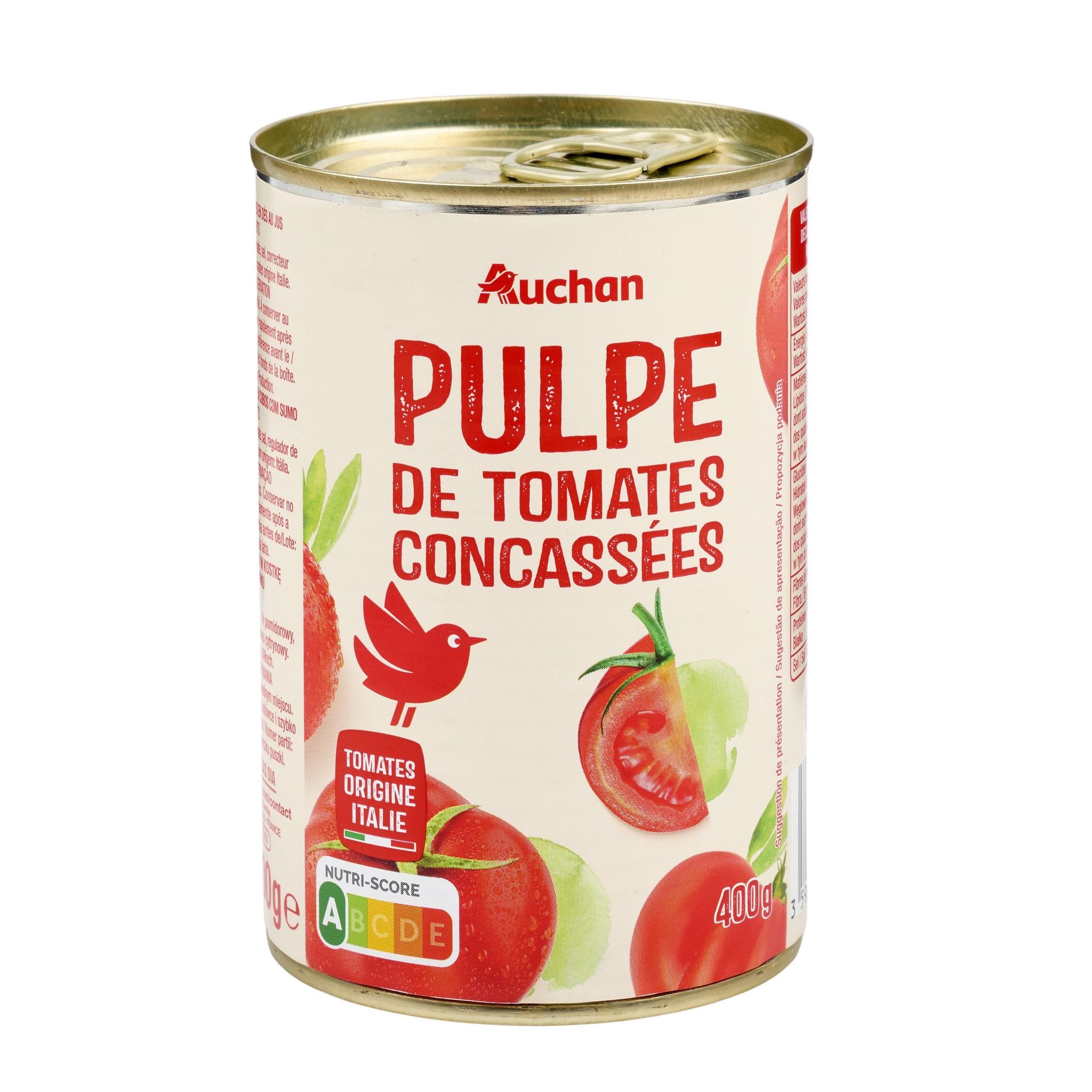 Voir la diapositive 4 : AUCHAN Pulpe de tomates concassées 400g