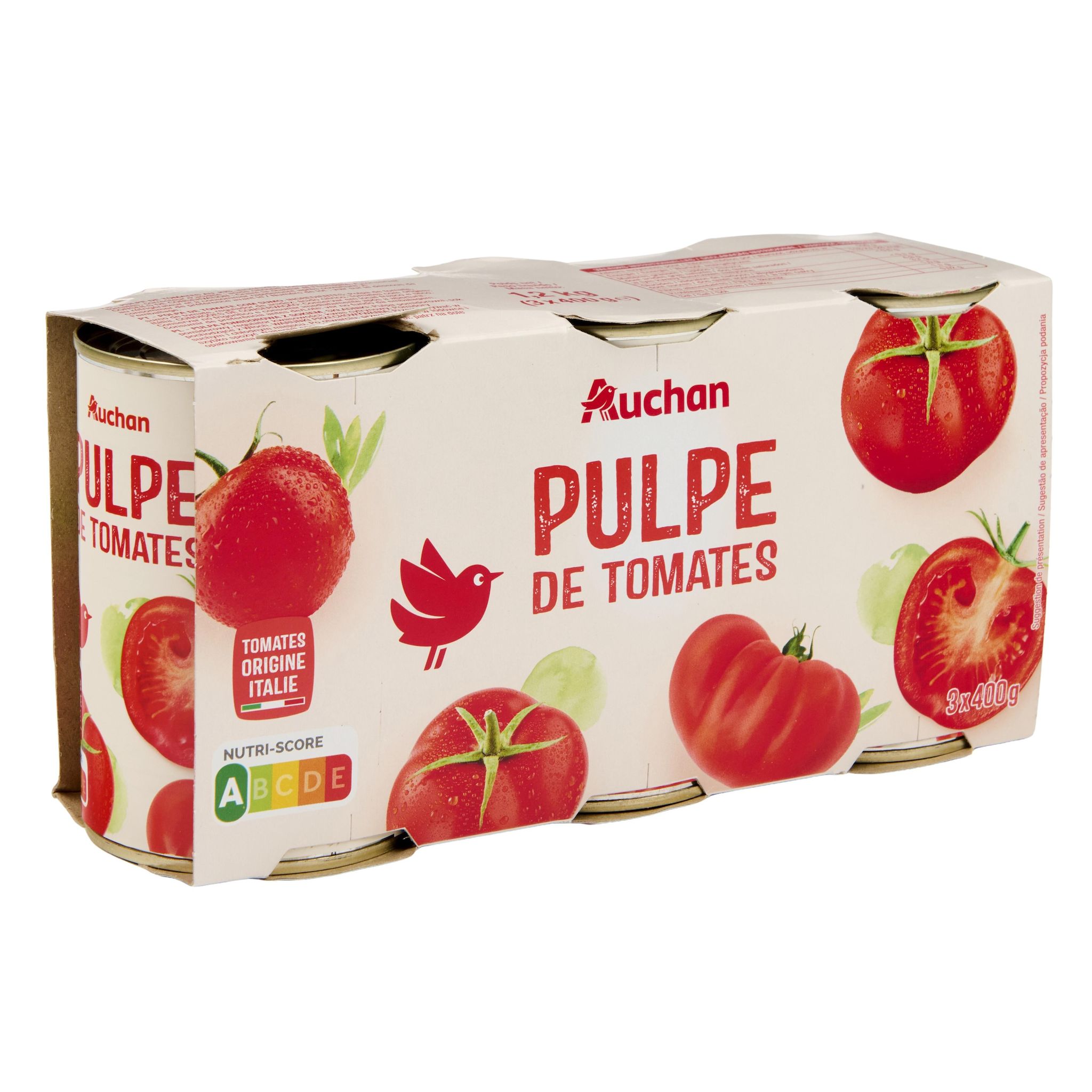 Voir la diapositive 2 : AUCHAN Pulpe de tomate en boîte 3x400g