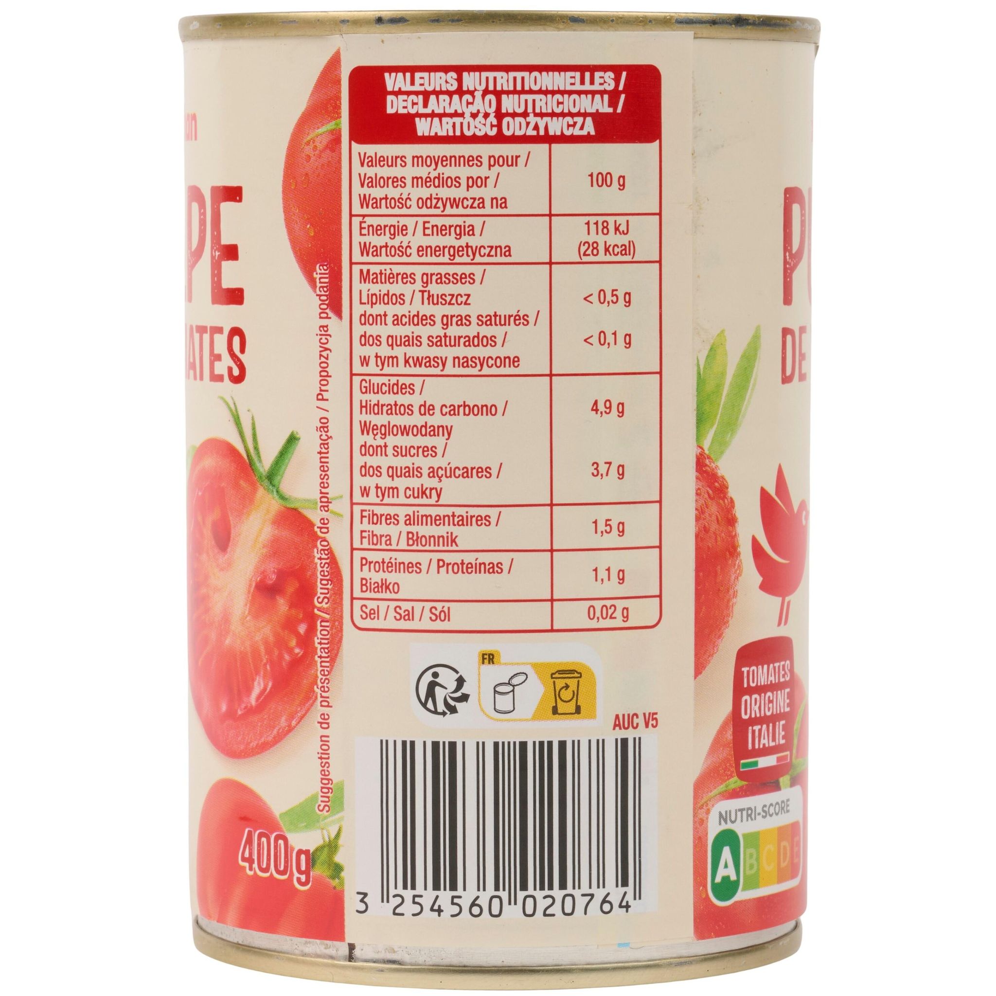 Voir la diapositive 3 : AUCHAN Pulpe de tomate en boîte 3x400g