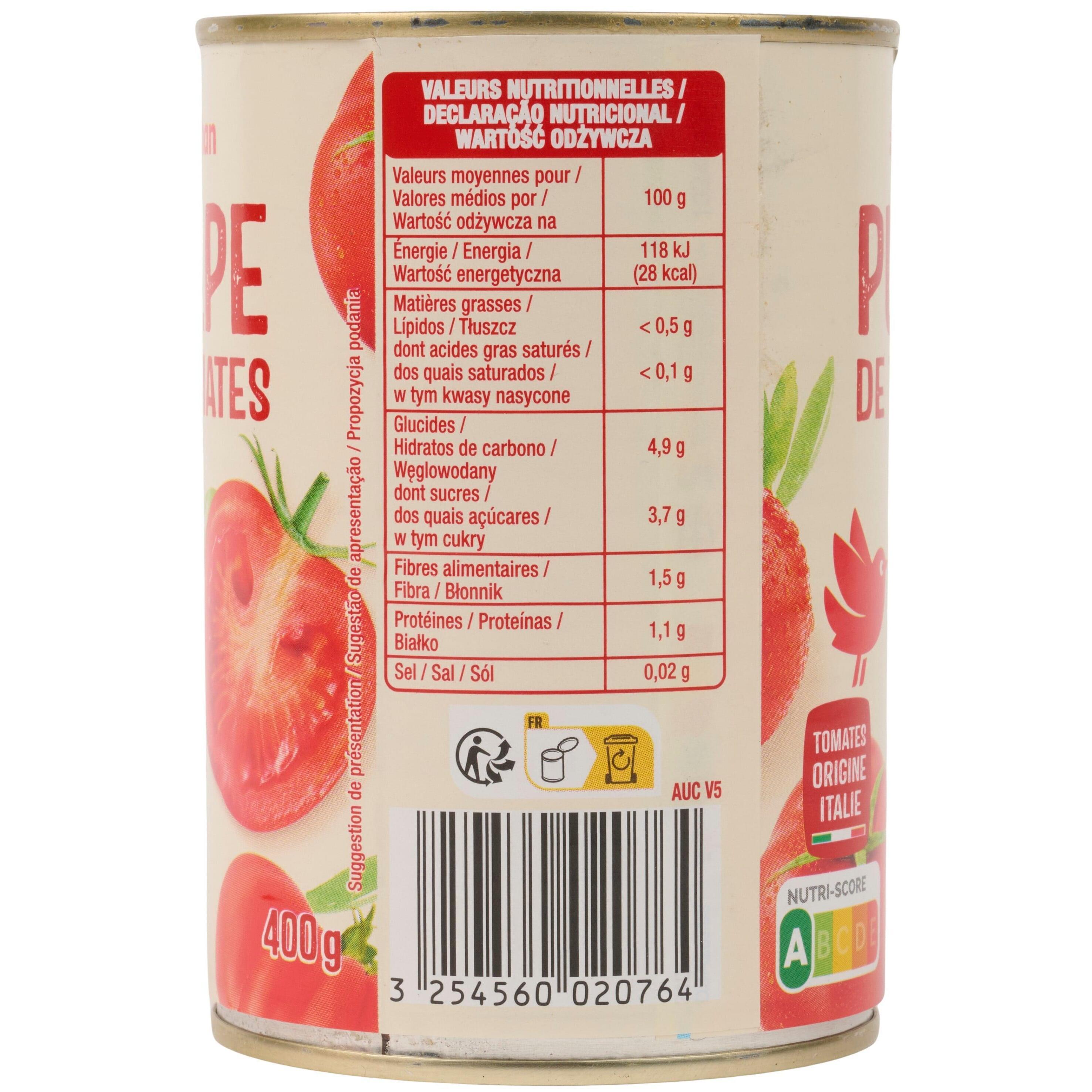 Voir la diapositive 4 : AUCHAN Pulpe de tomate en boîte 3x400g
