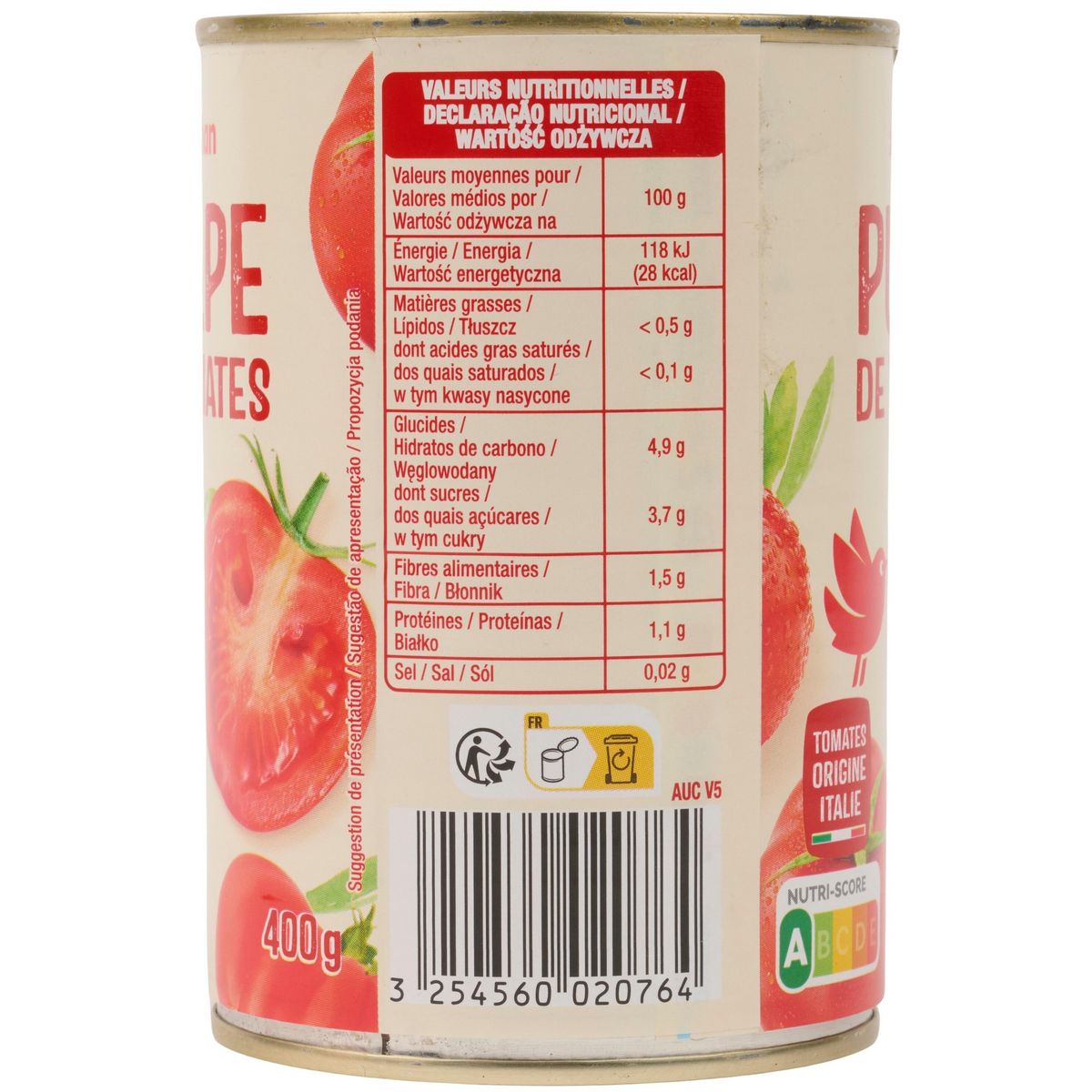 AUCHAN Pulpe de tomate en boîte 3x400g