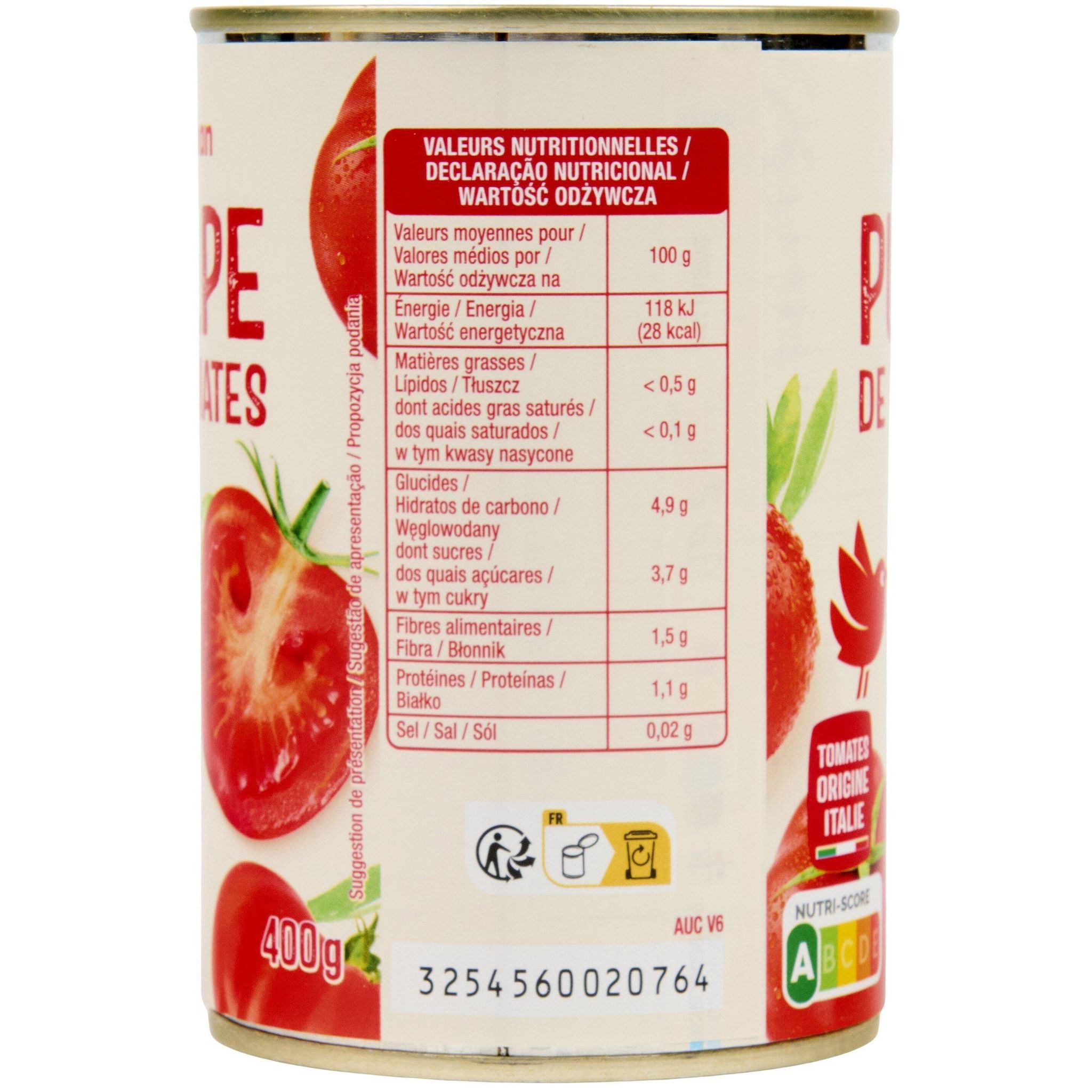 Voir la diapositive 2 : AUCHAN Pulpe de tomates 400g