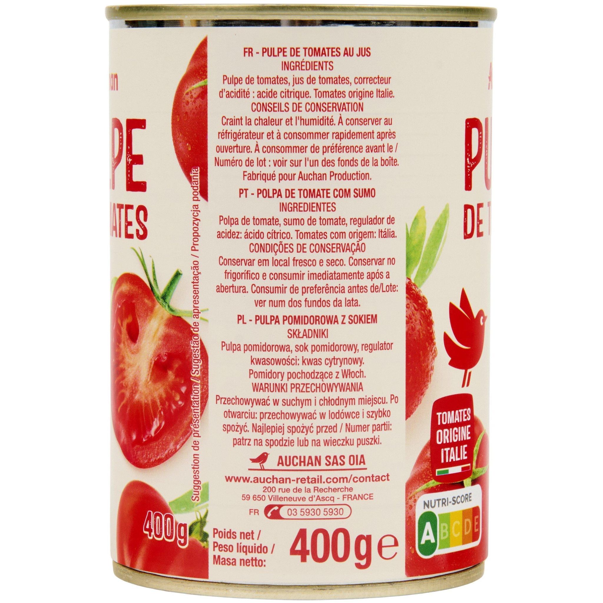 Voir la diapositive 4 : AUCHAN Pulpe de tomates 400g