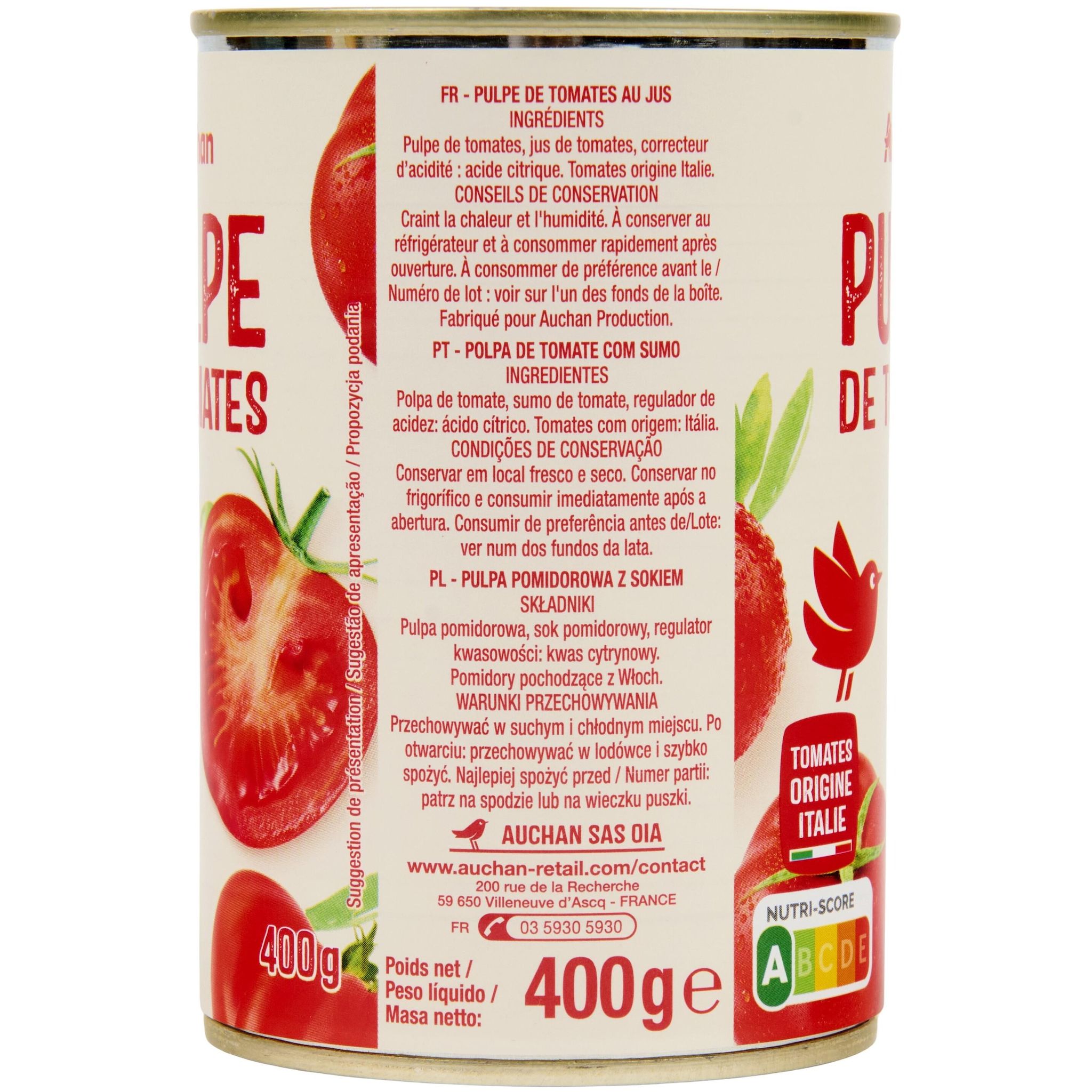 Voir la diapositive 5 : AUCHAN Pulpe de tomates 400g