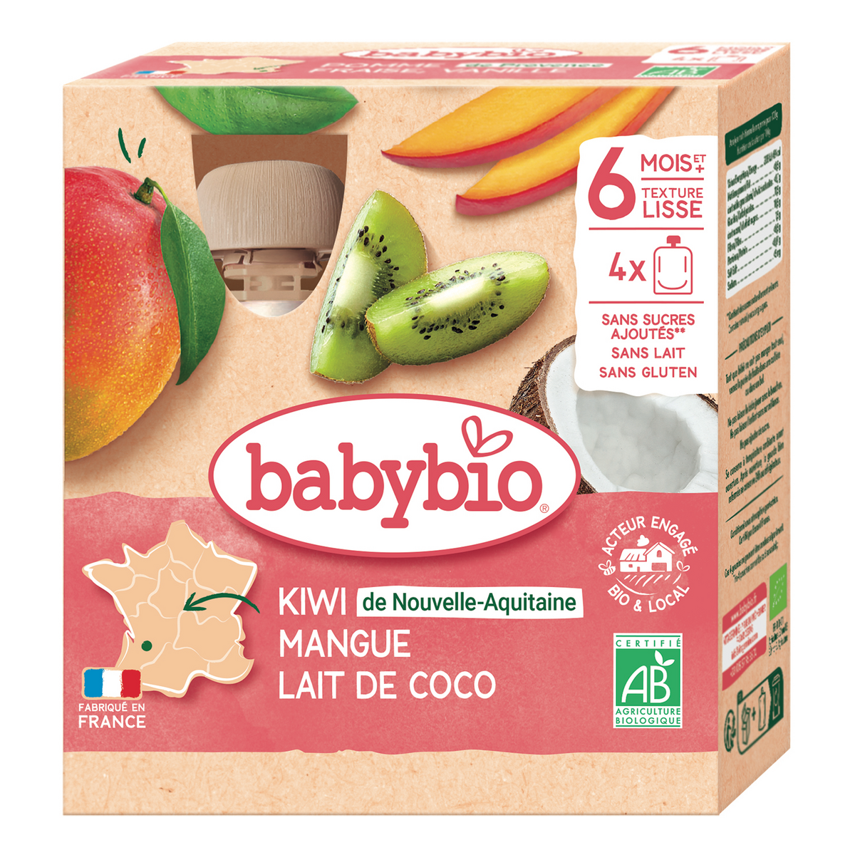 BABYBIO Gourde dessert kiwi mangue lait de coco bio dès 6 mois 4x90g