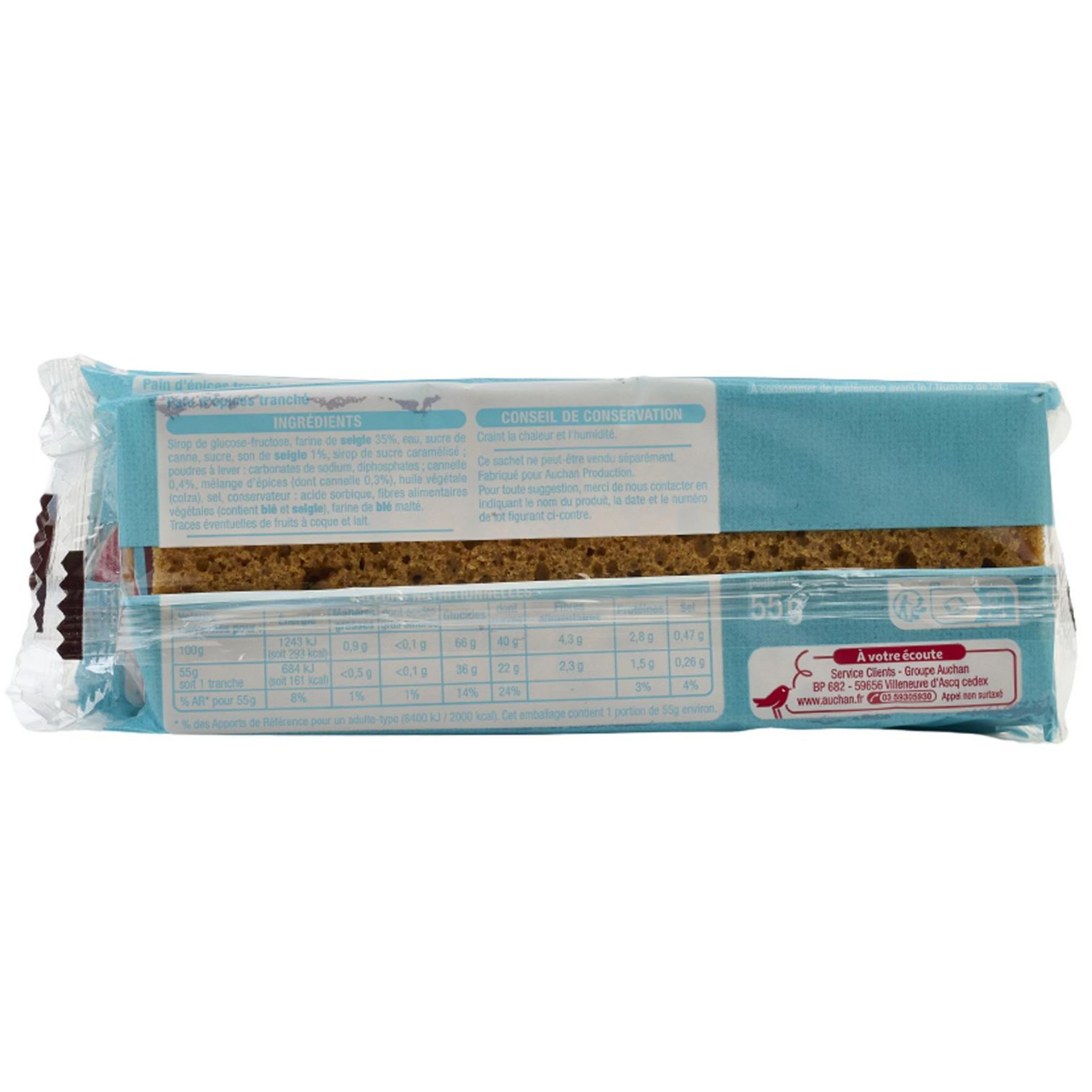 Voir la diapositive 2 : AUCHAN Tranches de pain d'épices fondant nature sachets individuels 5 tranches 275g