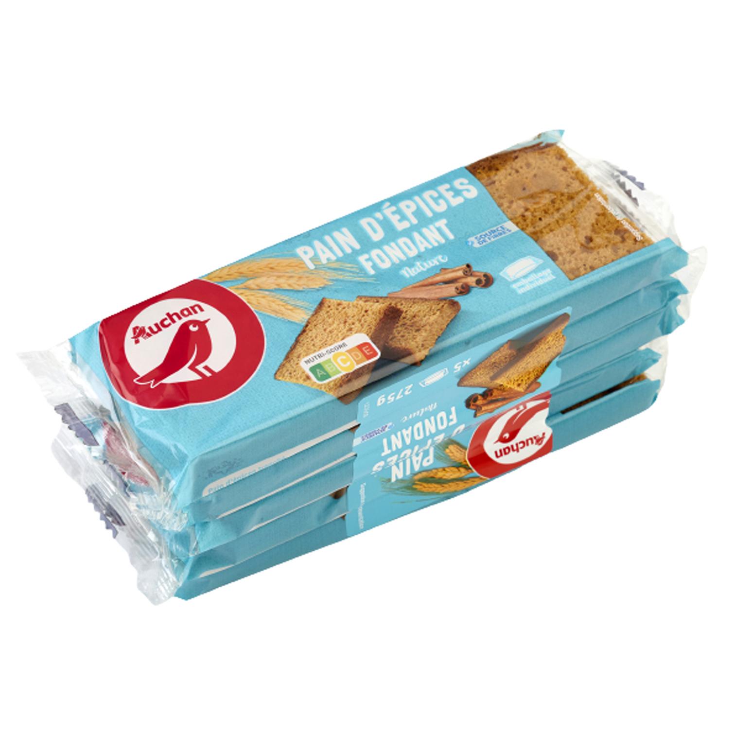 Voir la diapositive 3 : AUCHAN Tranches de pain d'épices fondant nature sachets individuels 5 tranches 275g