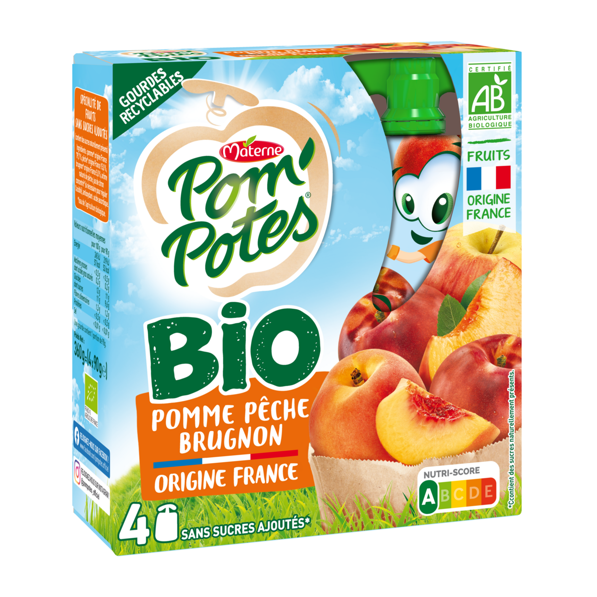 POM'POTES Gourdes pomme pêche brugnon bio 4x90g