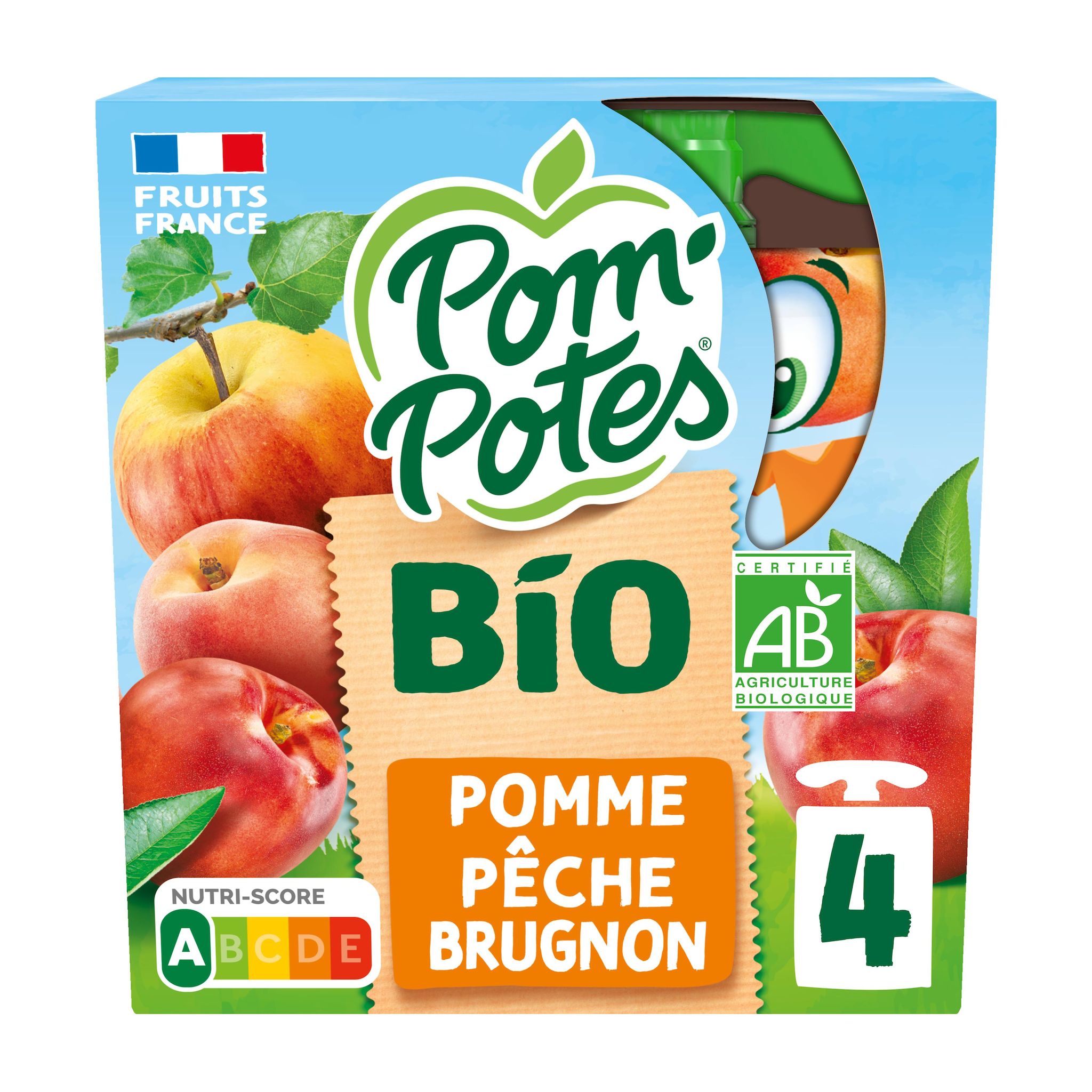 Voir la diapositive 2 : POM'POTES Gourdes compote de pomme pêche brugnon sans sucres ajoutés bio 4x90g