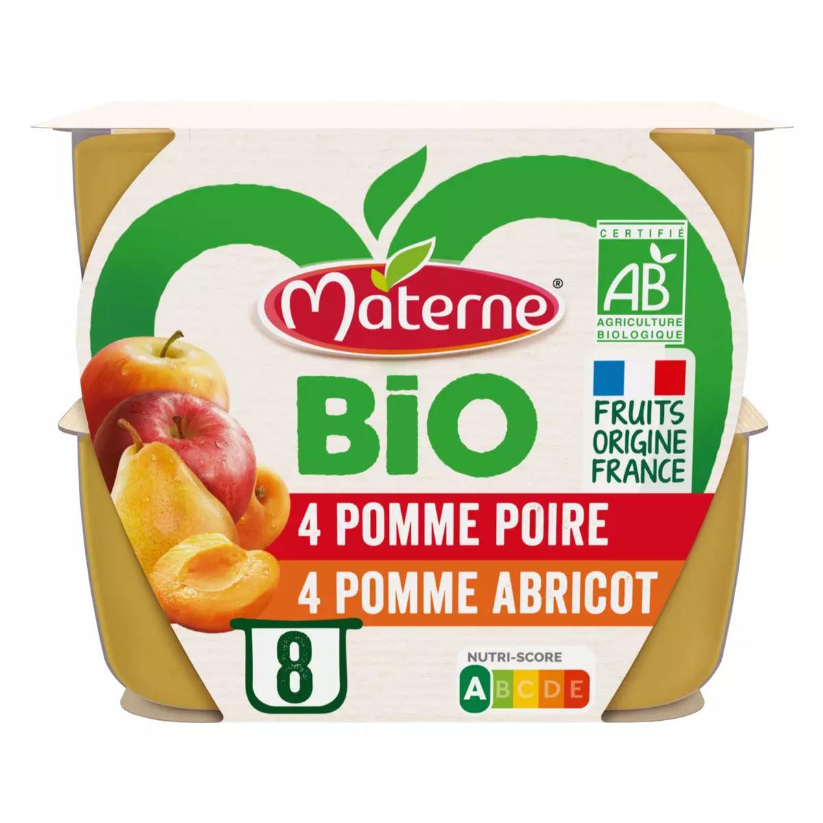 MATERNE Coupelles pomme abricot pomme poire bio sans sucres ajoutés 8x100g