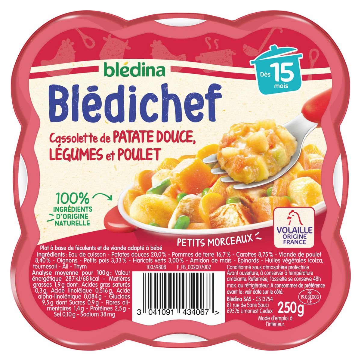 BLEDINA Blédichef assiette cassolette de papate douce légumes et poulet dès 15 mois 250g