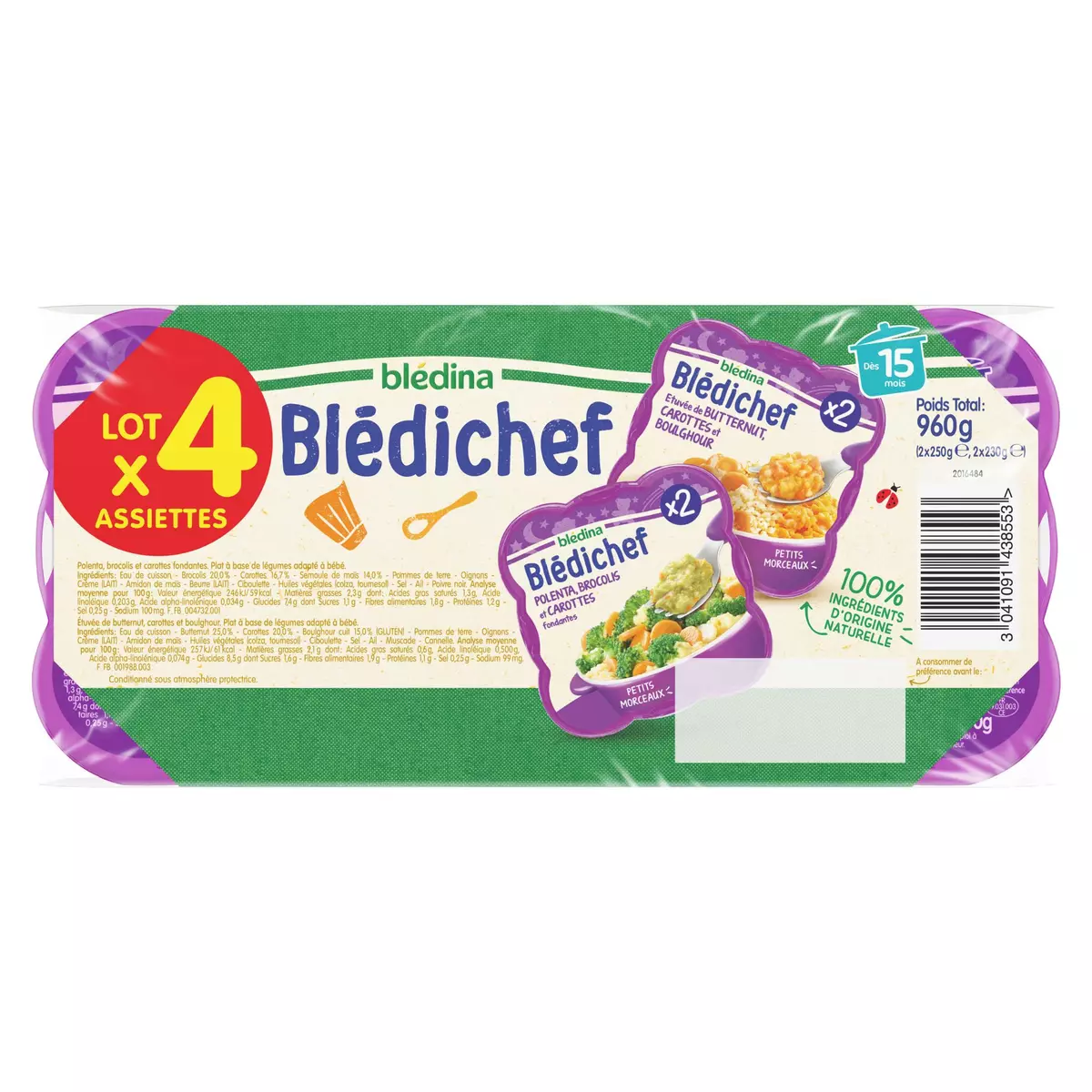 BLEDICHEF Assiettes polenta brocolis carottes et butternut carotte boulghour dès 15 mois 2x250g et 2x230g 960g