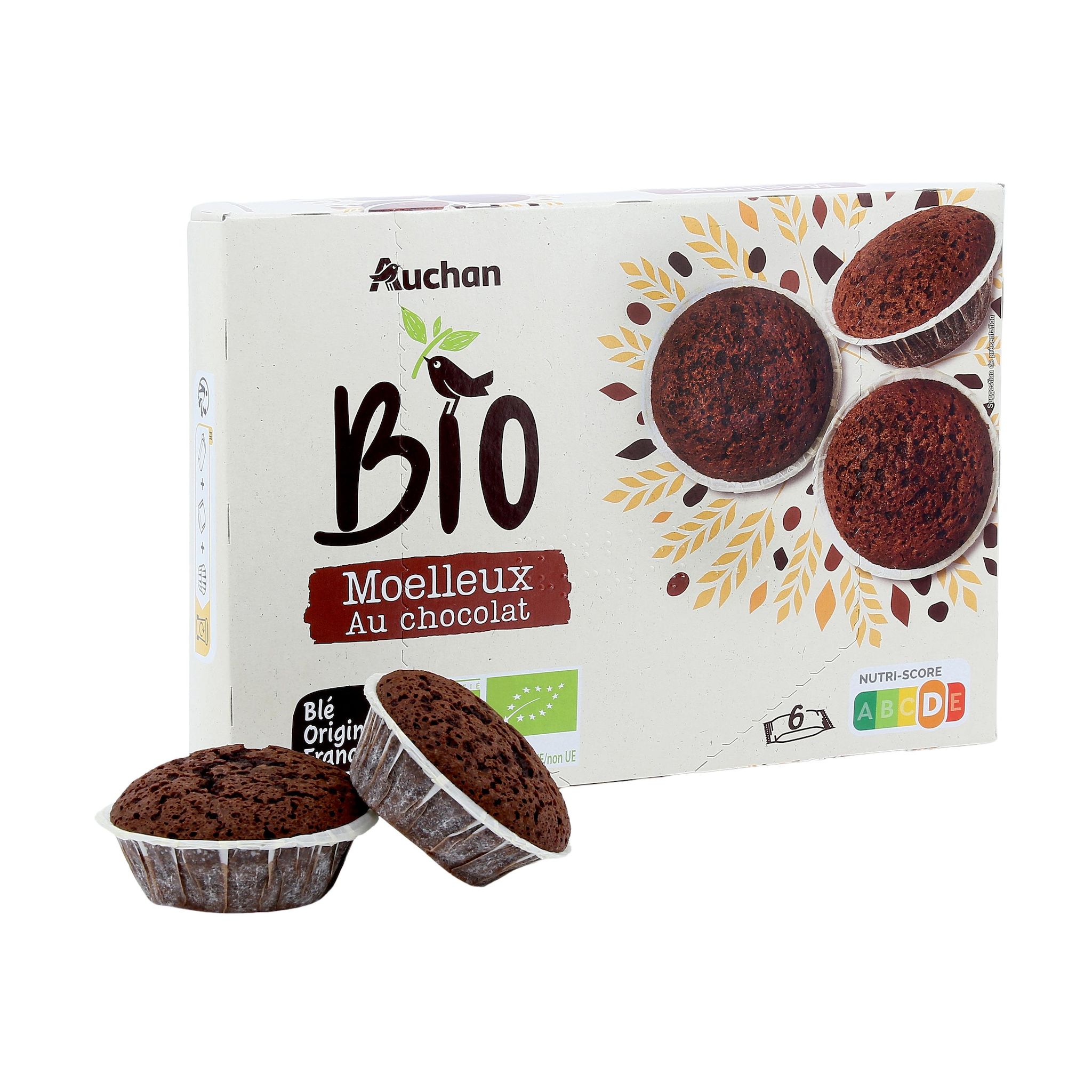 Voir la diapositive 2 : AUCHAN BIO Moelleux au chocolat sachets individuels 6 gâteaux 200g