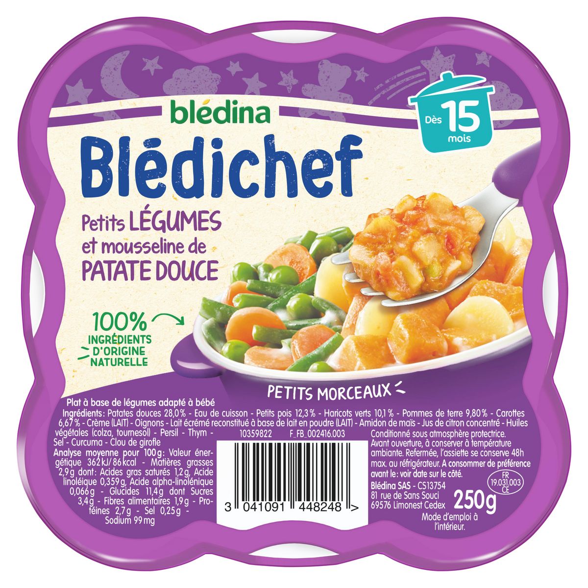 BLEDINA Blédichef Assiette de petits légumes et mousseline de patate douche dès 15 mois 250g