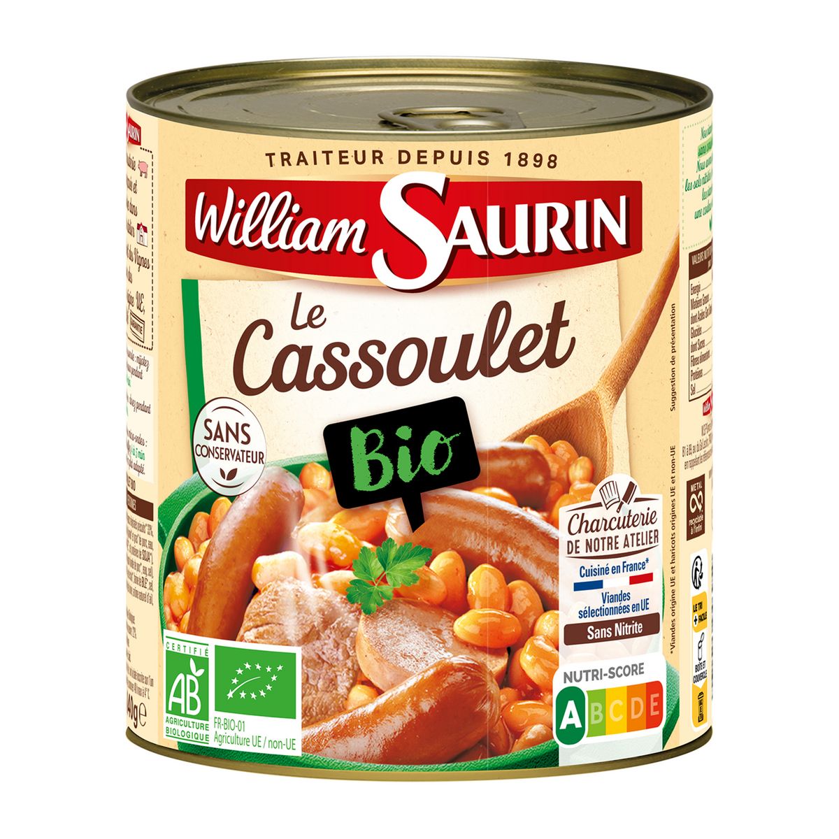 WILLIAM SAURIN Cassoulet mitonné bio sans conservateur 840g