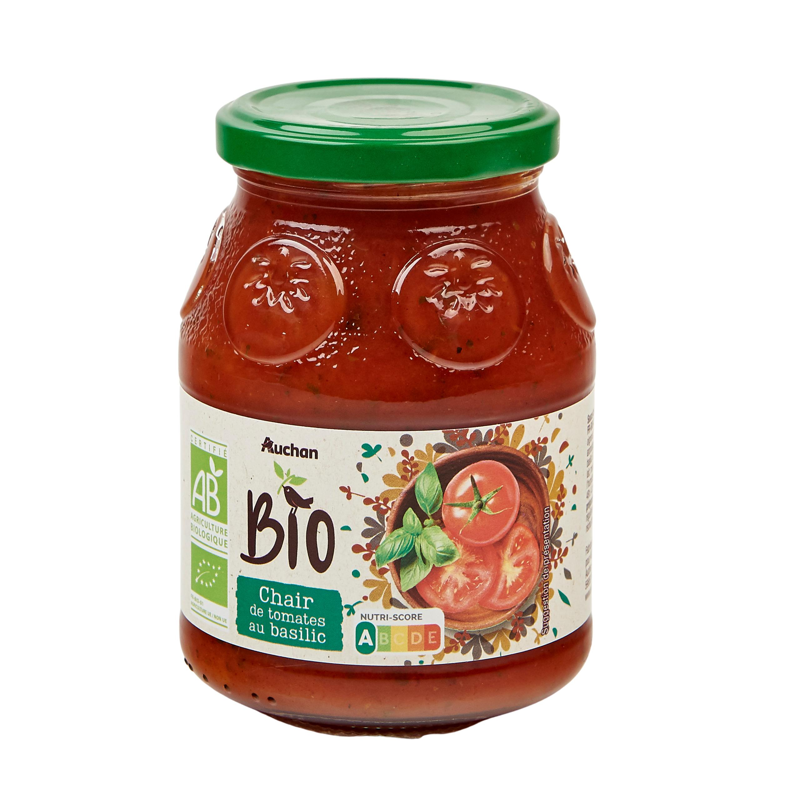 Voir la diapositive 2 : AUCHAN BIO Chair de tomates au basilic en bocal 400g