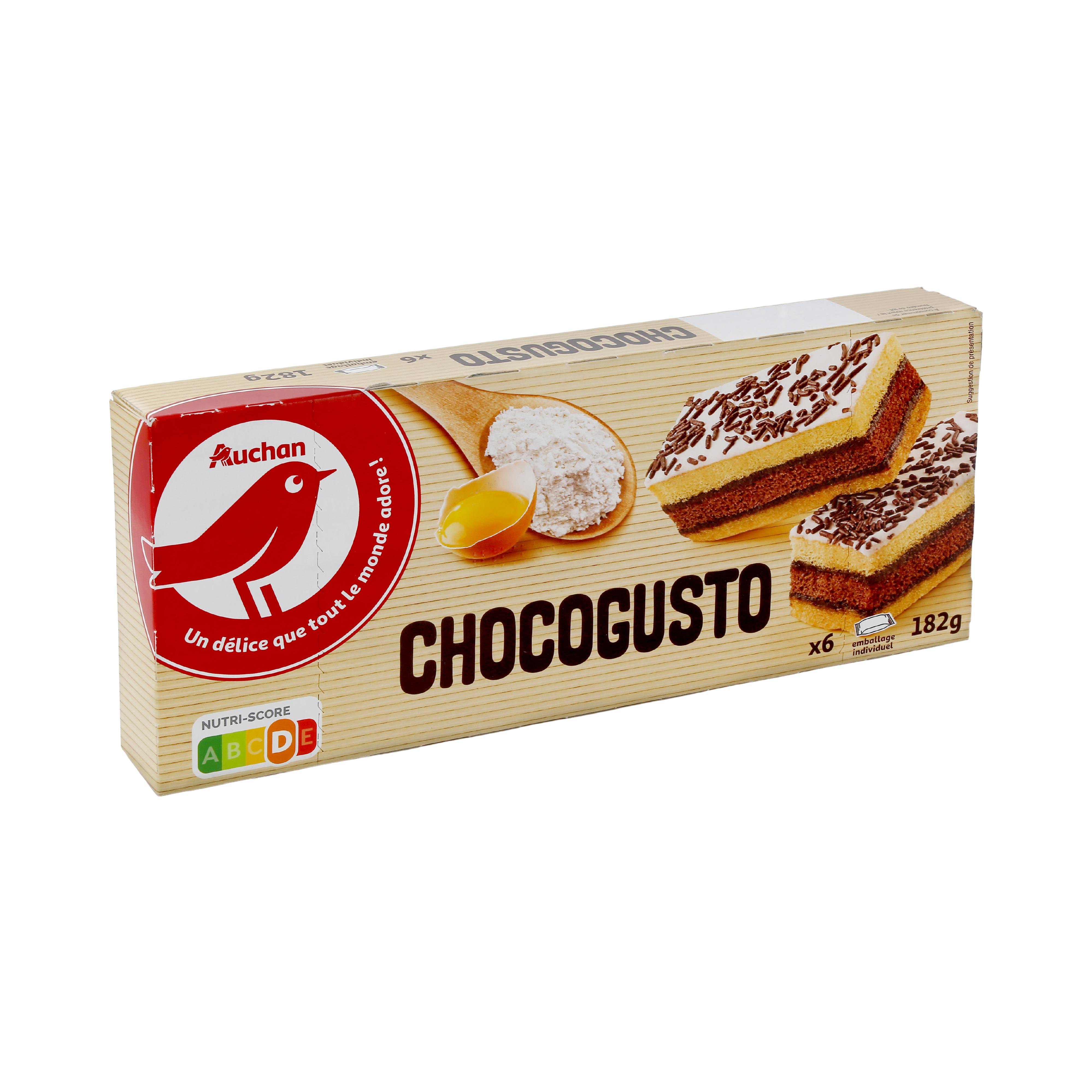 Voir la diapositive 2 : AUCHAN Chocogusto gâteaux génoise sachets individuels 6 gâteaux 182g