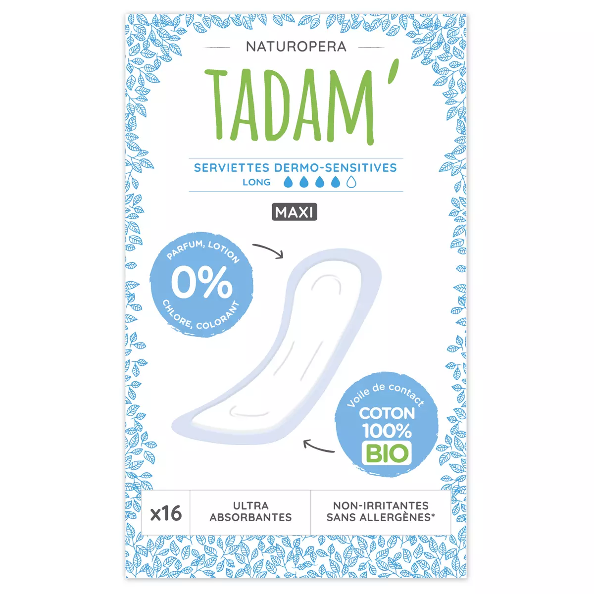 TADAM Serviettes hygiéniques sensitives sans ailettes 100% coton bio long 16 serviettes