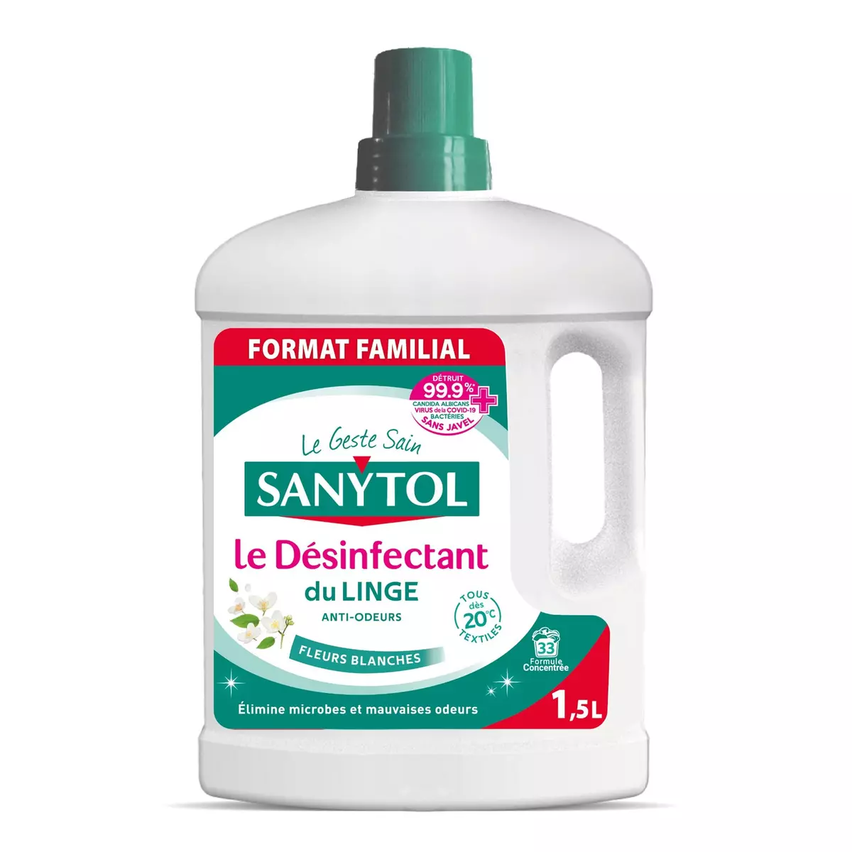 SANYTOL Désinfectant du linge anti-odeurs fleurs blanches Format familial 1,5l